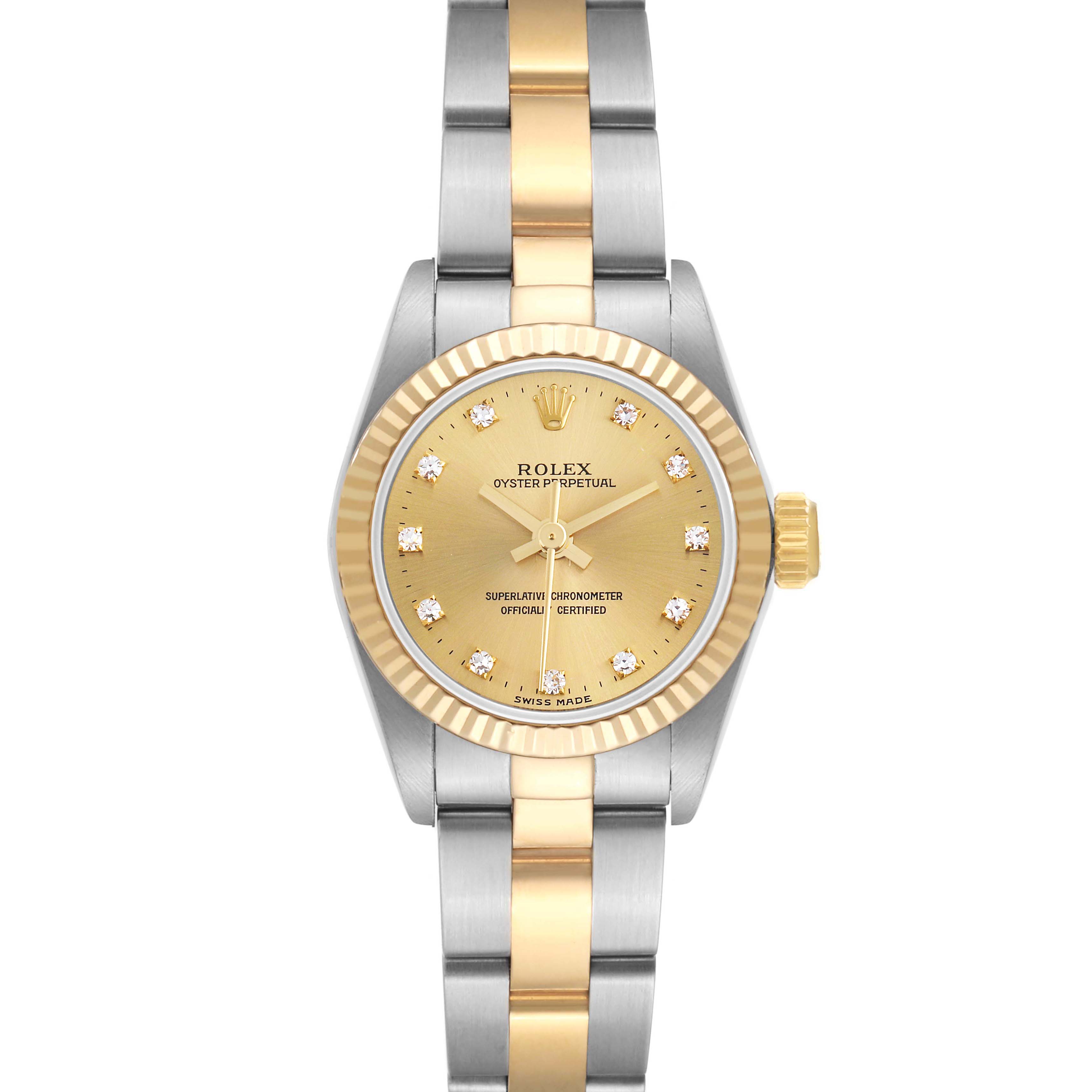 The Rolex Oyster Perpetual 67193 Women's Steel and Gold (two tone) Champagne Dial 67193 Women's Steel and Gold (two tone) Champagne Dial watch is shown from the front, highlighting the dial, bezel, and two-tone bracelet.