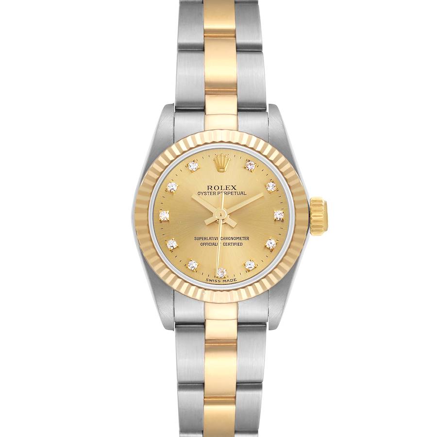 The Rolex Oyster Perpetual watch is shown from the front, highlighting the dial, bezel, and two-tone bracelet.