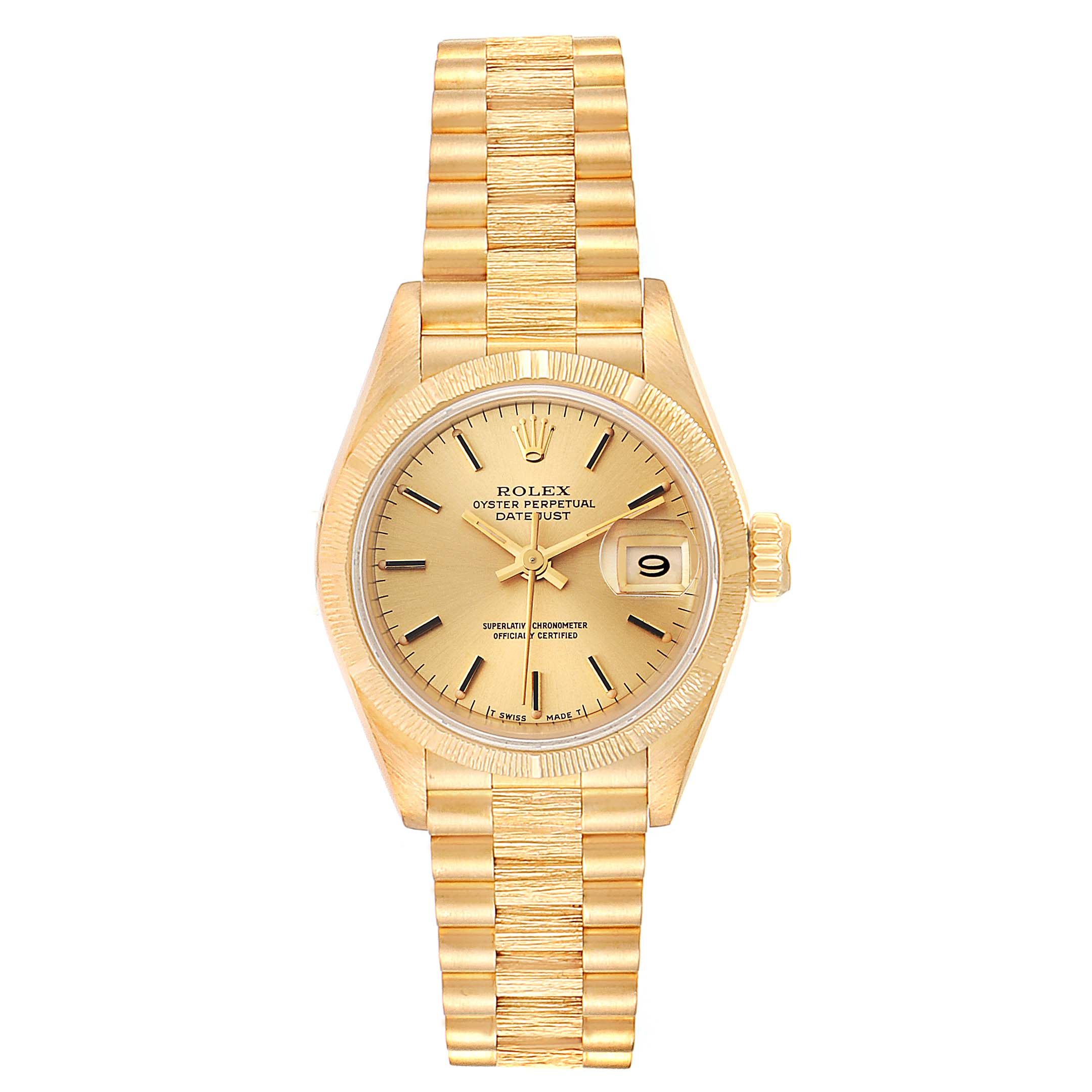 The image shows a frontal view of a Rolex President 69278 Women
s Yellow Gold Champagne Dial 69278 Women
s Yellow Gold Champagne Dial model watch, displaying its dial, date window, bezel, and bracelet.