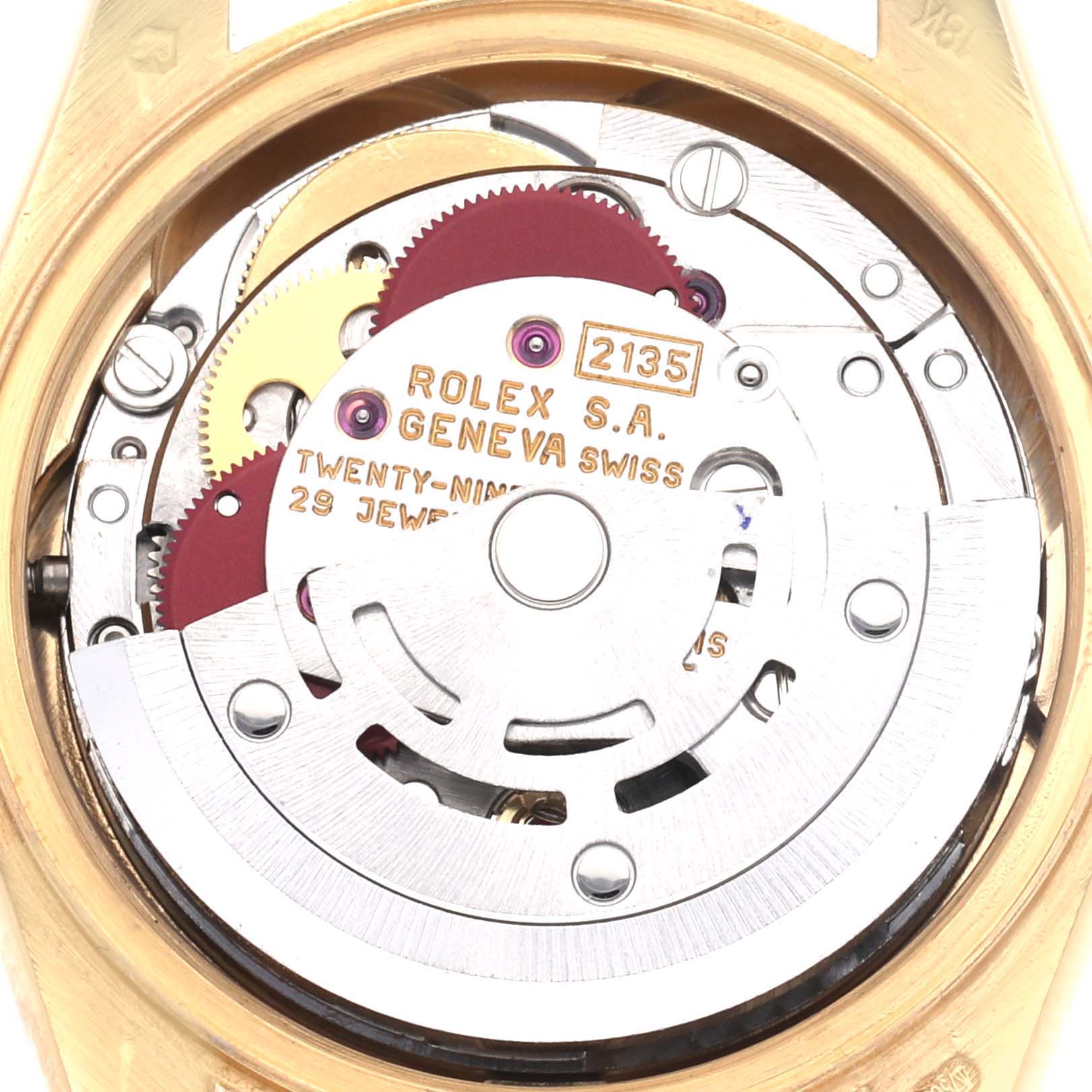 The image shows the movement of a Rolex President 69178 Women's Yellow Gold Champagne Dial 69178 Women's Yellow Gold Champagne Dial watch, focusing on its intricate internal components from a case-back view.