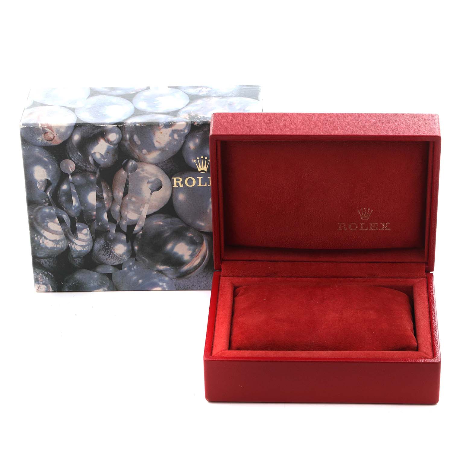 The image shows a red Rolex watch box and outer packaging for the President model.