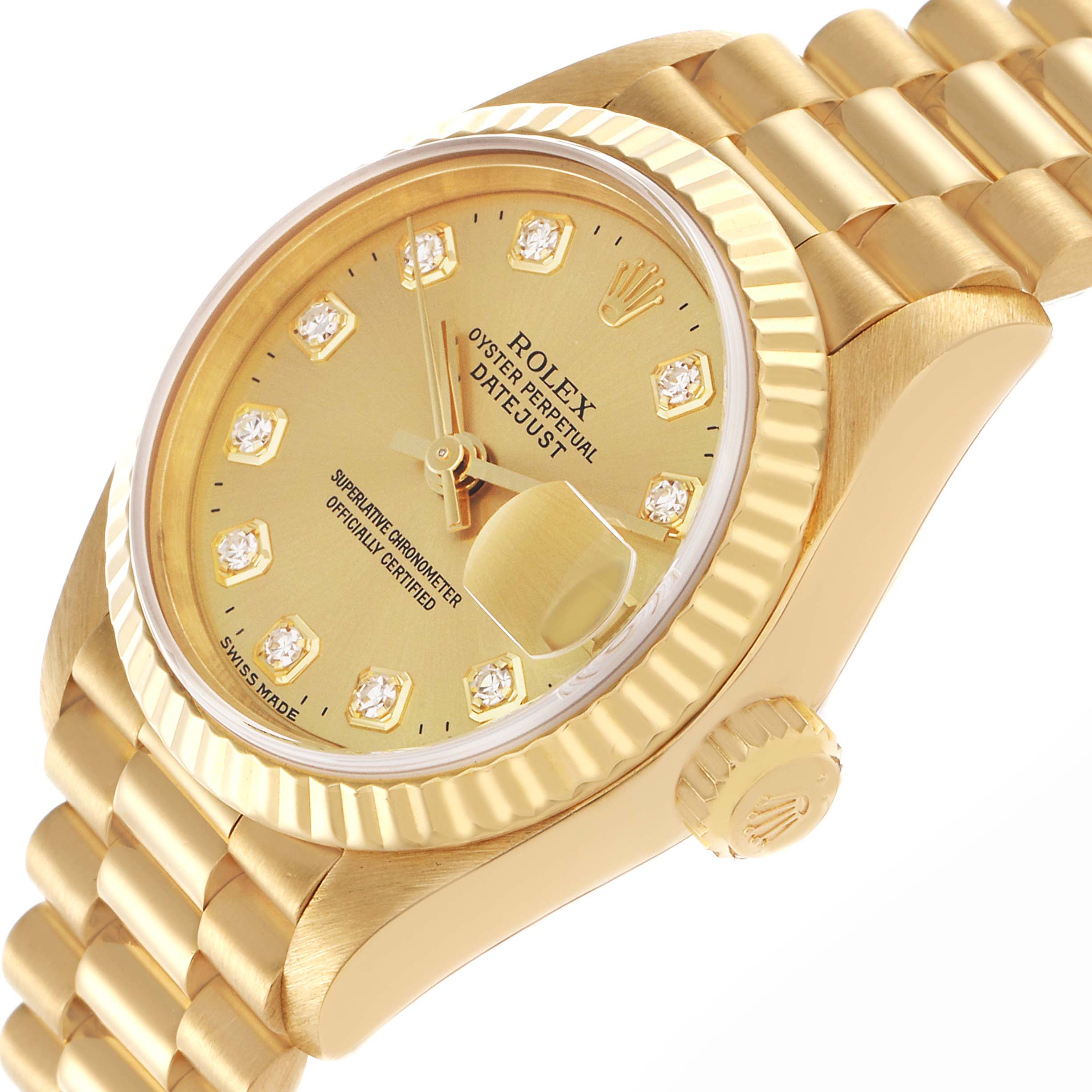 The Rolex President 69178 Women's Yellow Gold Champagne Dial 69178 Women's Yellow Gold Champagne Dial model watch is shown at a three-quarter angle, highlighting the dial, bezel, and part of the band.