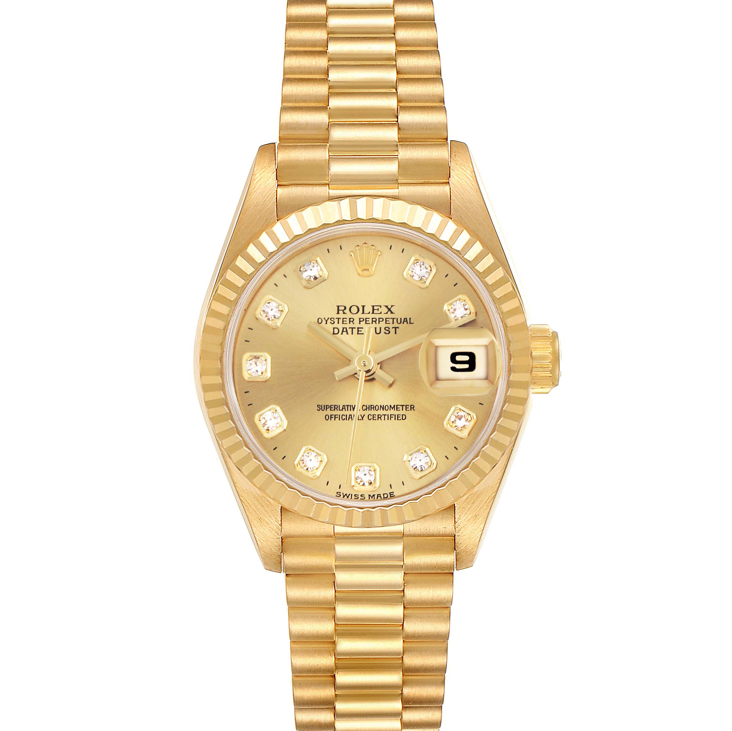 The Rolex President 69178 Women's Yellow Gold Champagne Dial 69178 Women's Yellow Gold Champagne Dial model watch is shown from a front angle, displaying the face, bezel, and part of the bracelet.