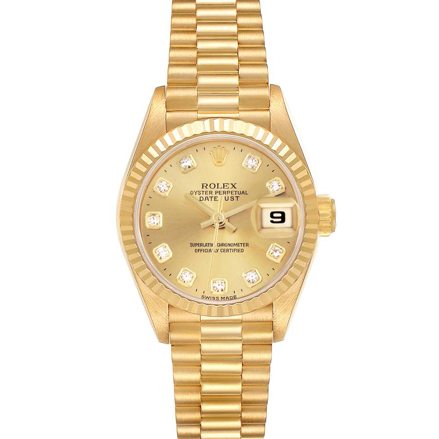 The Rolex President model watch is shown from a front angle, displaying the face, bezel, and part of the bracelet.