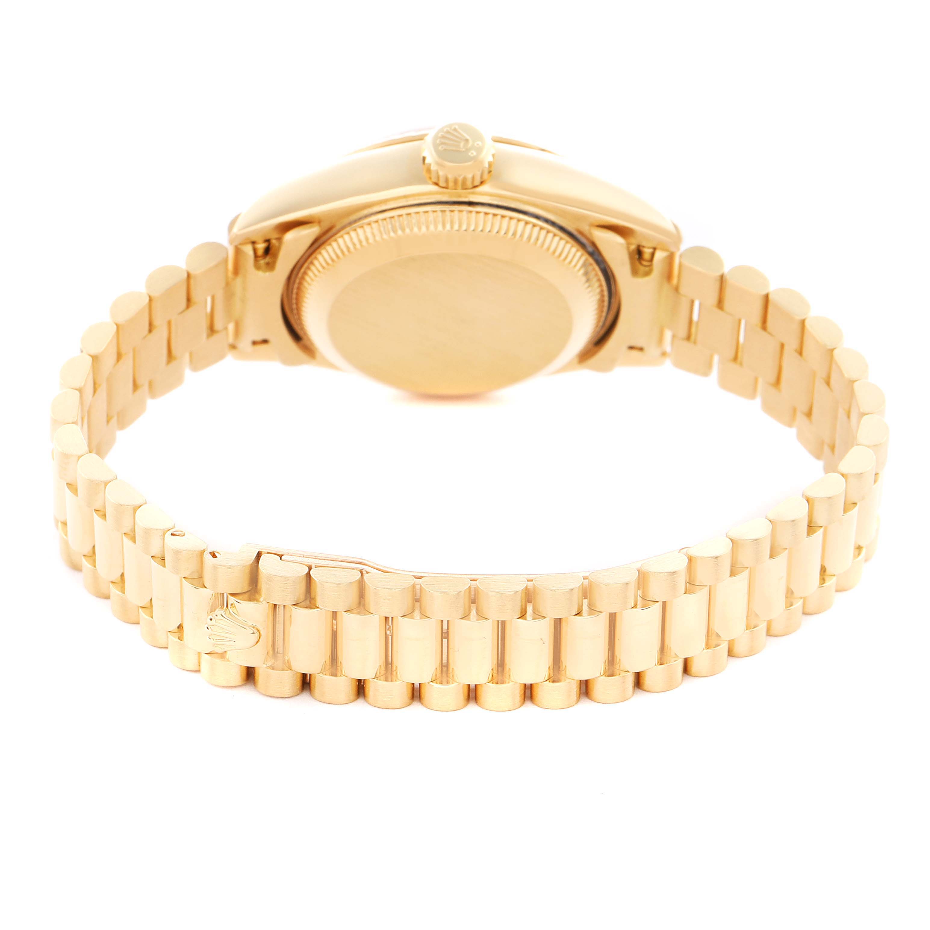 The image shows the back view of a Rolex President 69178 Women's Yellow Gold Champagne Dial 69178 Women's Yellow Gold Champagne Dial model, highlighting the case back, bracelet, and crown.