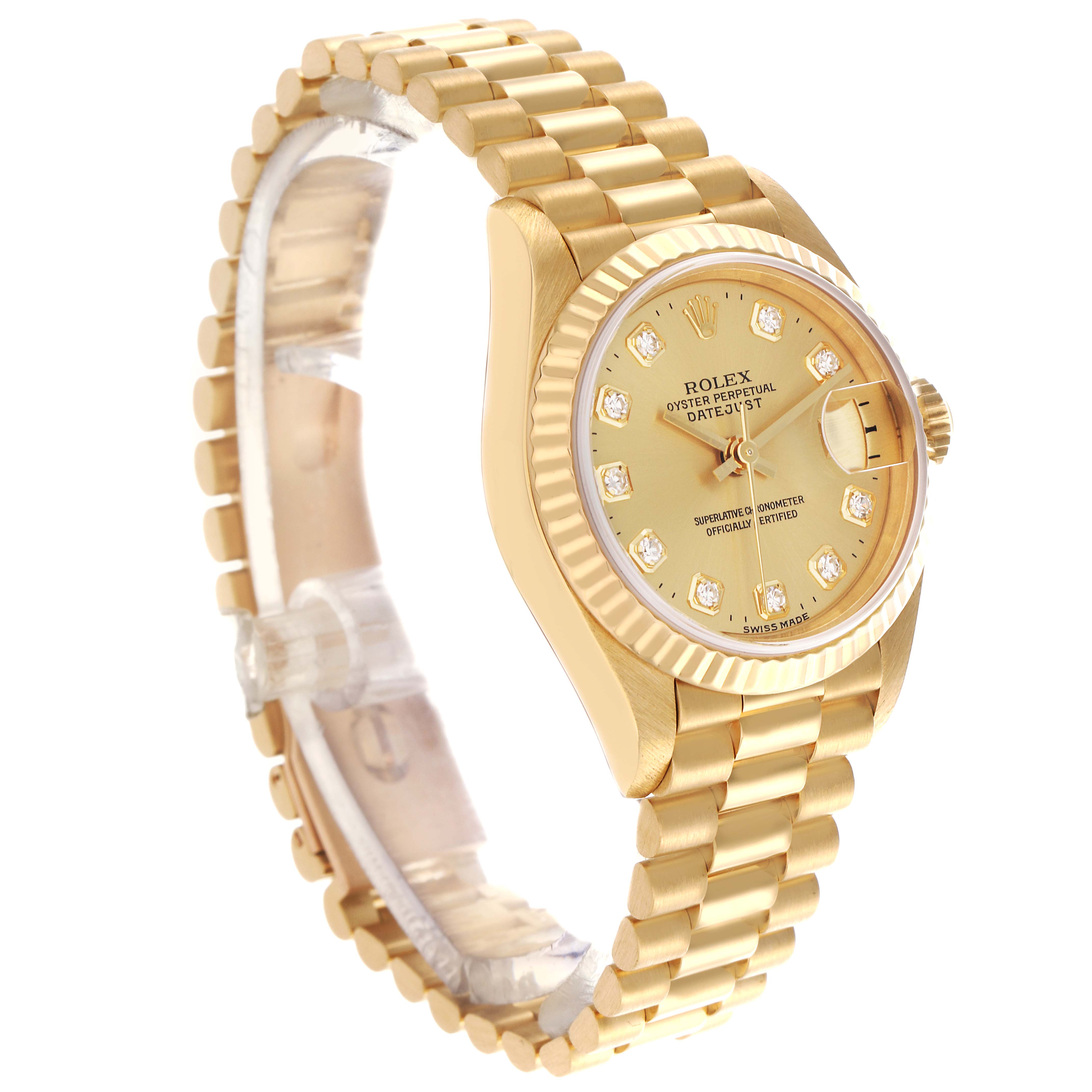 The Rolex President 69178 Women's Yellow Gold Champagne Dial 69178 Women's Yellow Gold Champagne Dial model watch is shown at a three-quarter angle, highlighting its gold case, fluted bezel, and bracelet.
