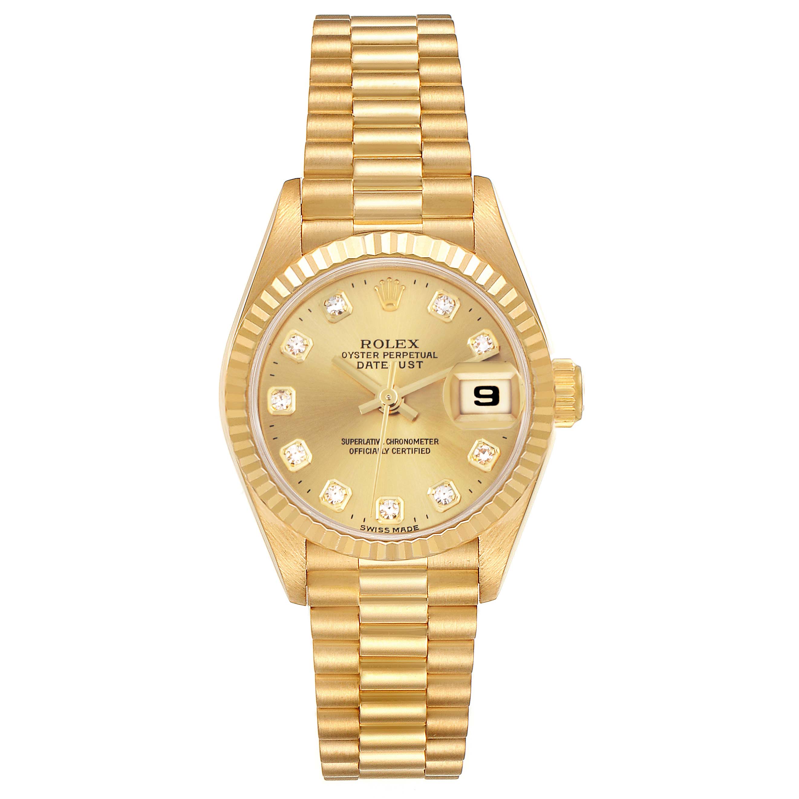 The Rolex President 69178 Women's Yellow Gold Champagne Dial 69178 Women's Yellow Gold Champagne Dial model watch is shown from a top-down angle, highlighting its dial, bracelet, and fluted bezel.