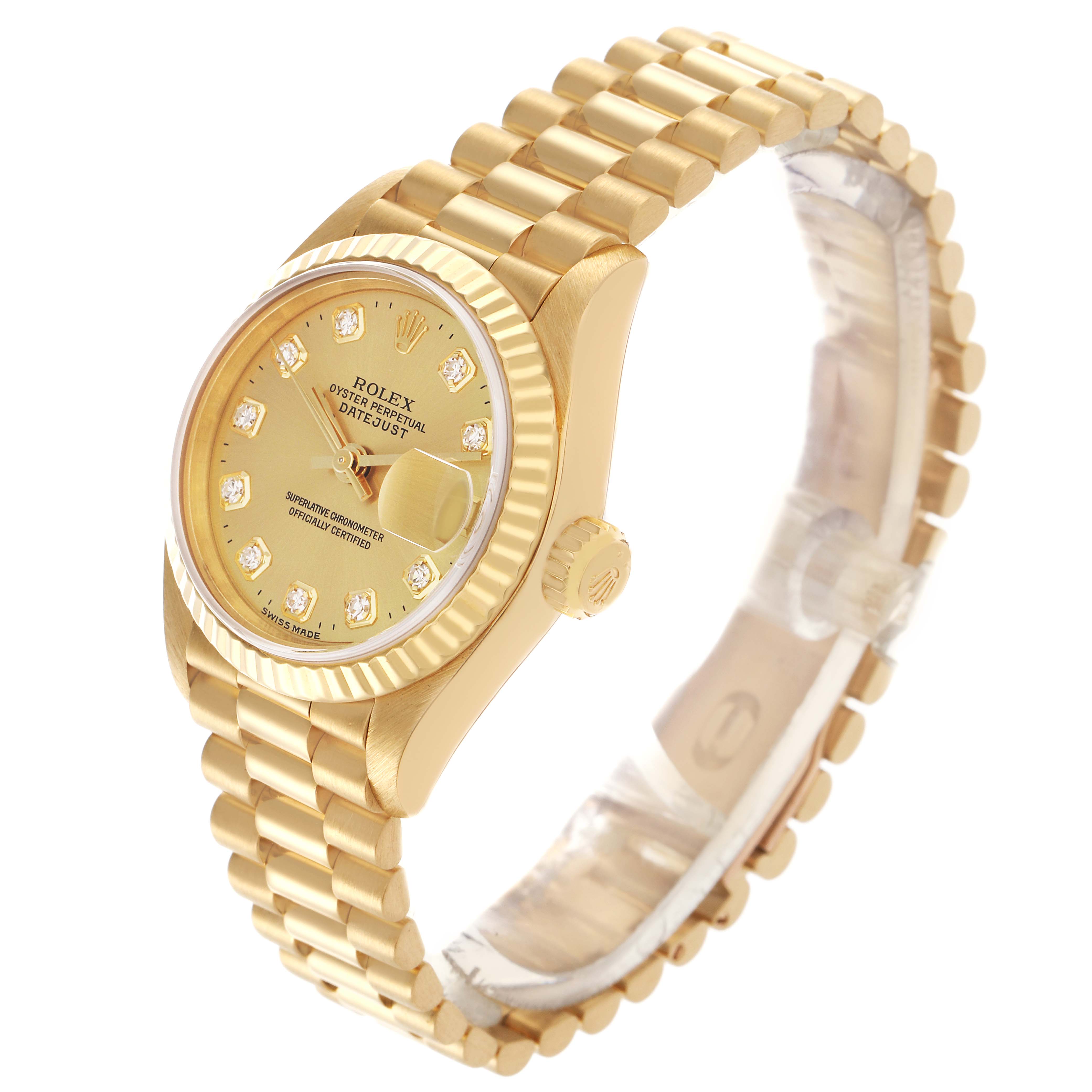 The Rolex President 69178 Women's Yellow Gold Champagne Dial 69178 Women's Yellow Gold Champagne Dial watch is shown at a three-quarter angle, highlighting its gold case, fluted bezel, and linked bracelet.