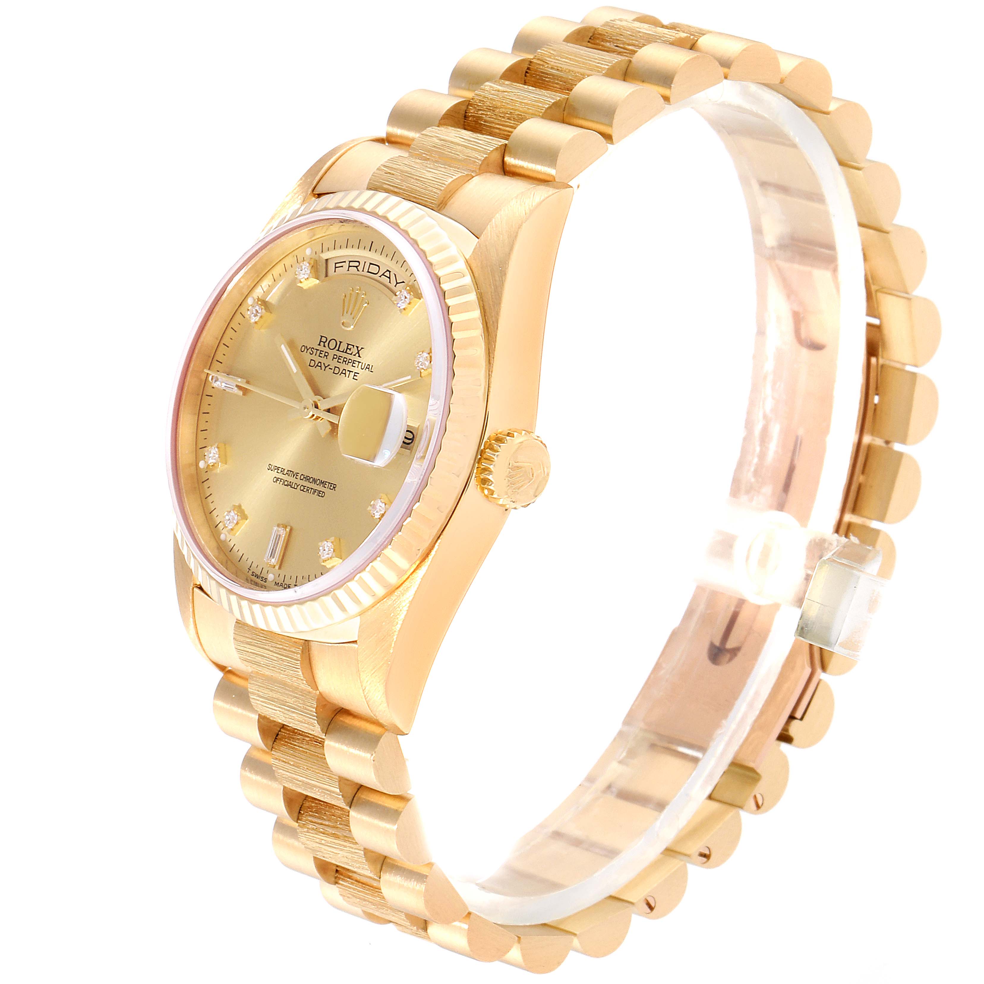 The Rolex President 18238 Men's Yellow Gold Champagne Dial 18238 Men's Yellow Gold Champagne Dial model watch is shown at a slight angle highlighting the bezel, dial, bracelet, and crown.
