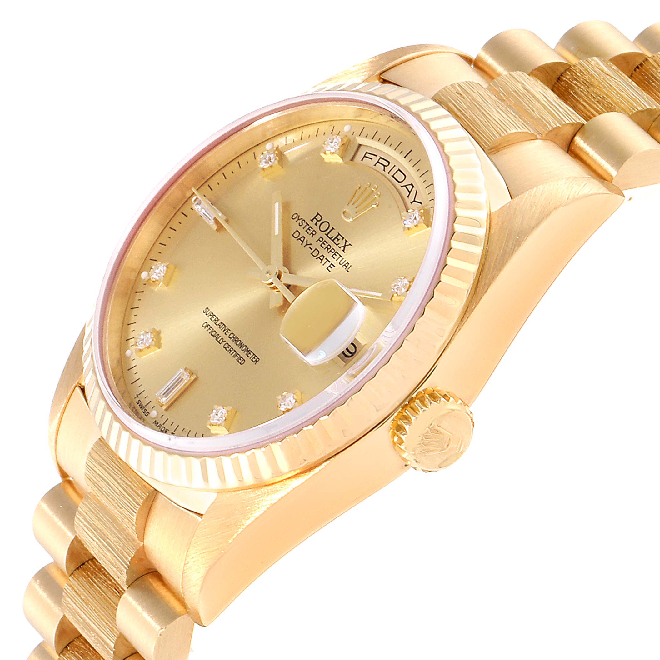 The image shows an angled view of a Rolex President 18238 Men's Yellow Gold Champagne Dial 18238 Men's Yellow Gold Champagne Dial model watch, highlighting the watch face, crown, and part of the band.