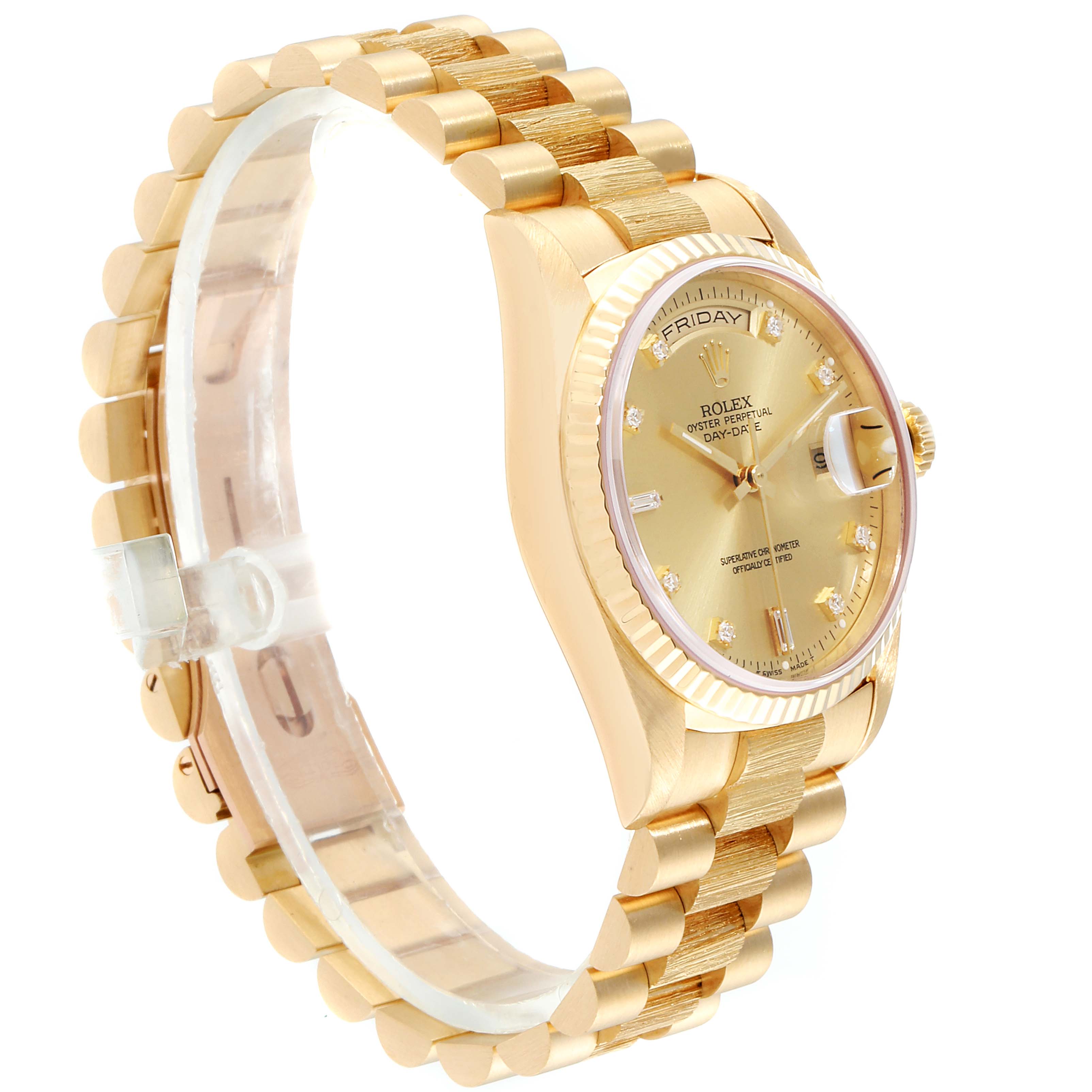 The image shows a side angle of a Rolex President 18238 Men's Yellow Gold Champagne Dial 18238 Men's Yellow Gold Champagne Dial model watch, displaying its gold bracelet, dial, and fluted bezel.