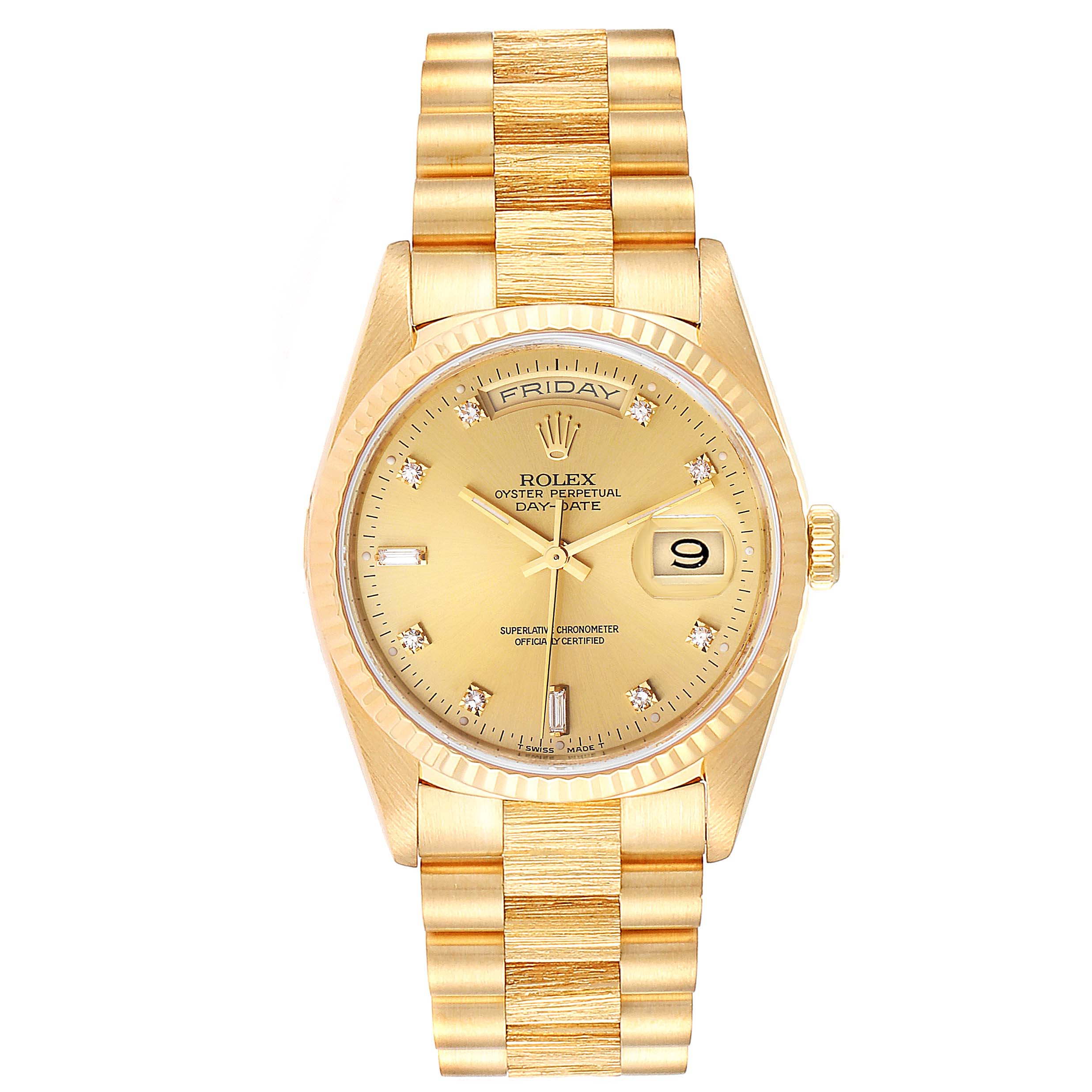 This image shows a front view of a Rolex President 18238 Men's Yellow Gold Champagne Dial 18238 Men's Yellow Gold Champagne Dial model watch, highlighting the gold case, dial, bracelet, and day-date features.