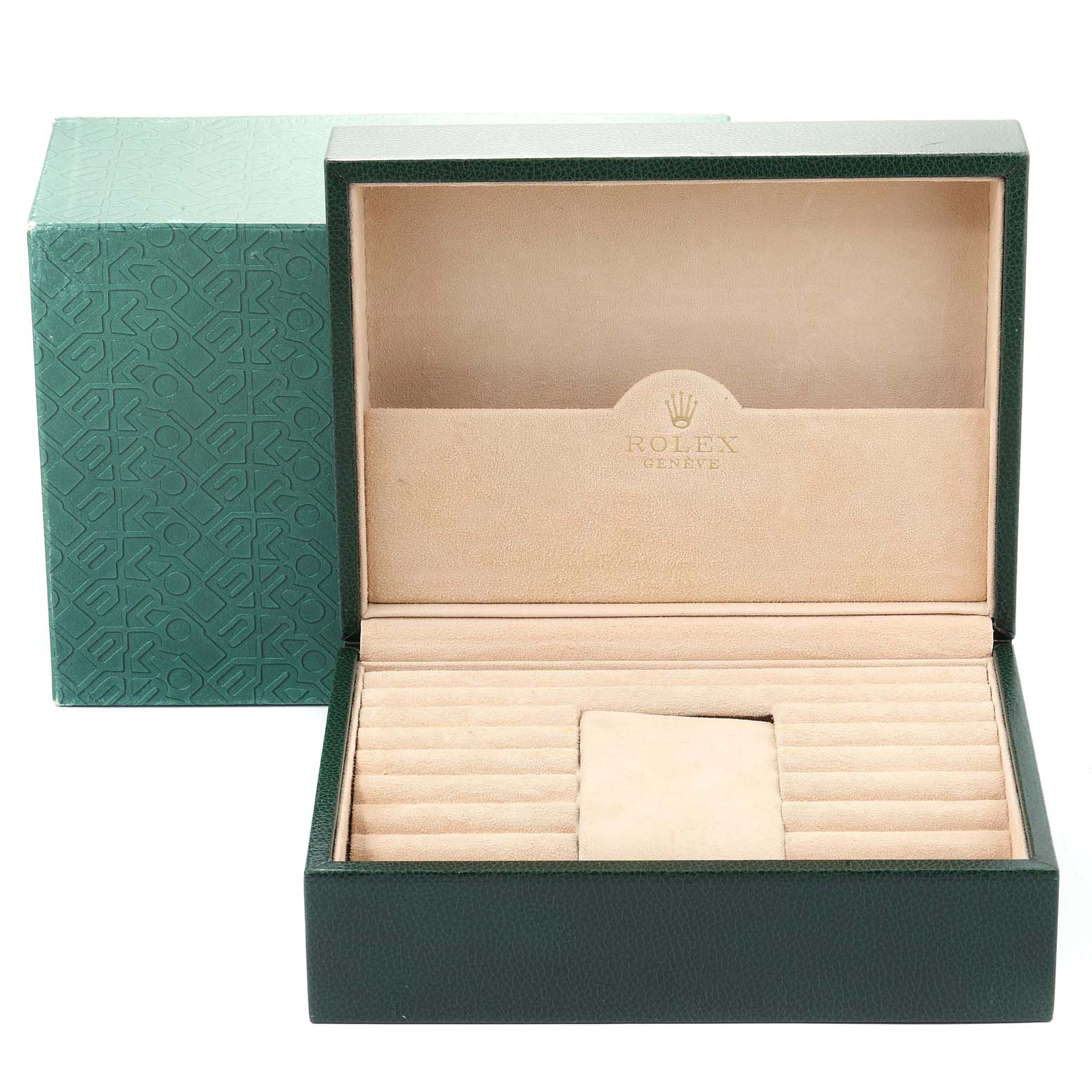 The image shows an open Rolex presentation box for the President model, displaying its interior compartments.