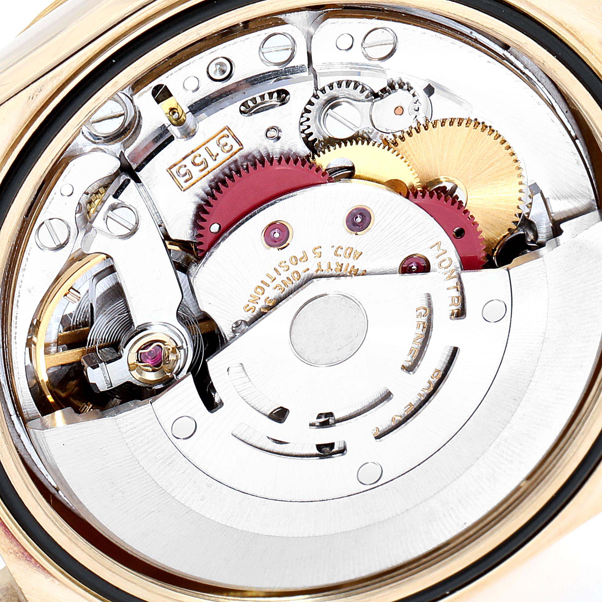 The image shows the movement mechanism of a Rolex President 18238 Men's Yellow Gold Champagne Dial 18238 Men's Yellow Gold Champagne Dial model watch from a close-up angle.