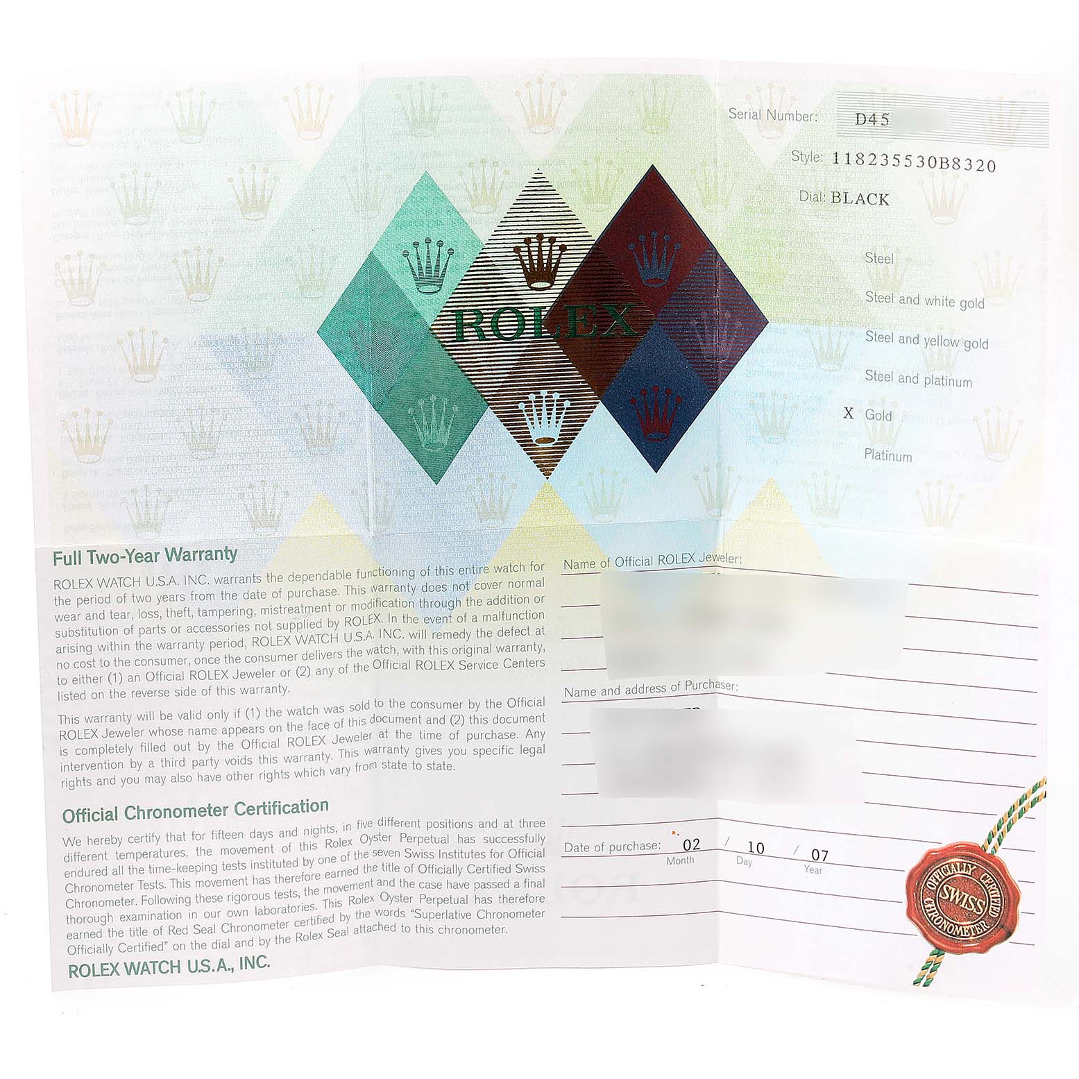 This shows the warranty card and certification papers for the Rolex President 118235 Men's Rose Gold Mother of Pearl Dial 118235 Men's Rose Gold Mother of Pearl Dial model watch.