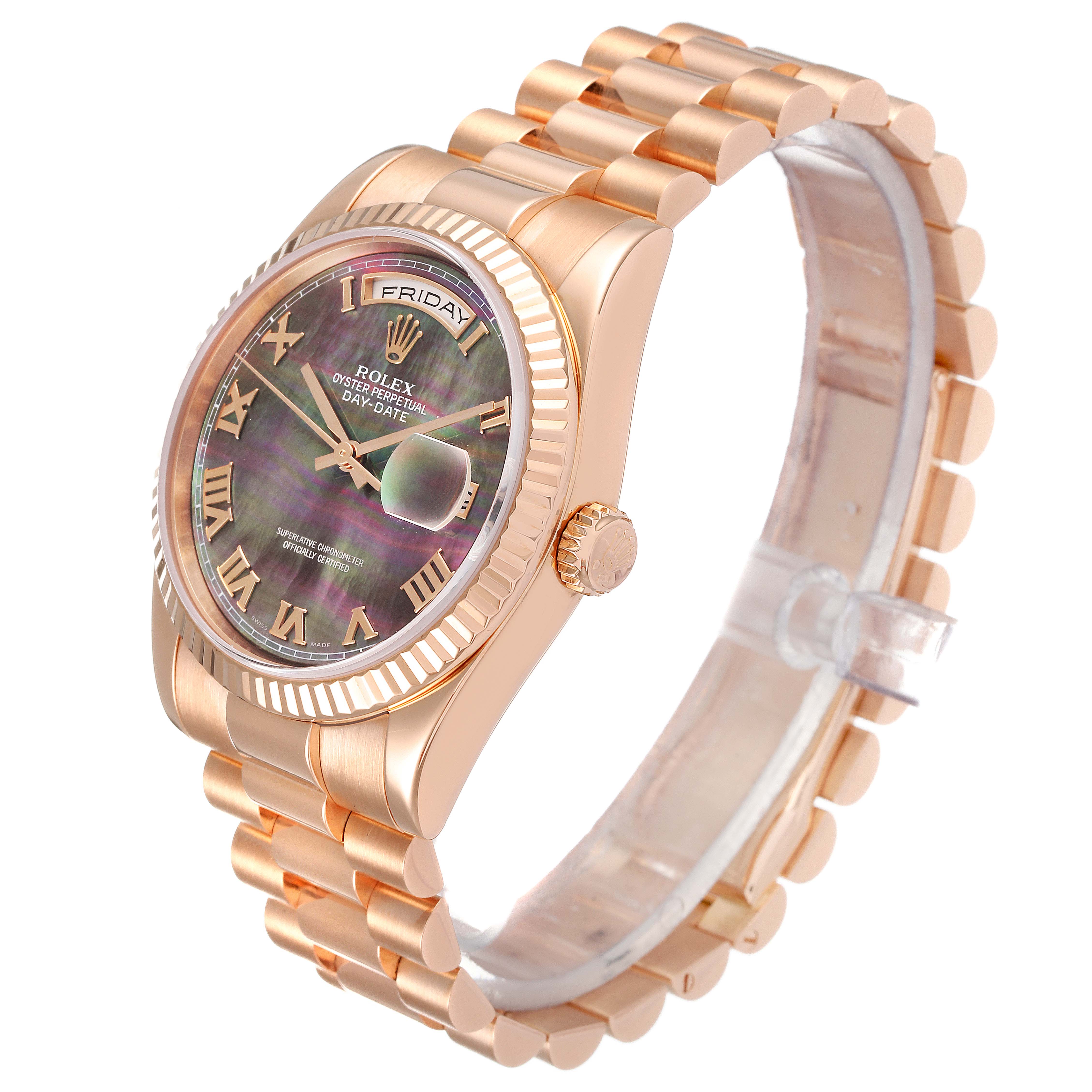 The image shows a Rolex President 118235 Men's Rose Gold Mother of Pearl Dial 118235 Men's Rose Gold Mother of Pearl Dial model watch, angled to display its face, band, and crown.