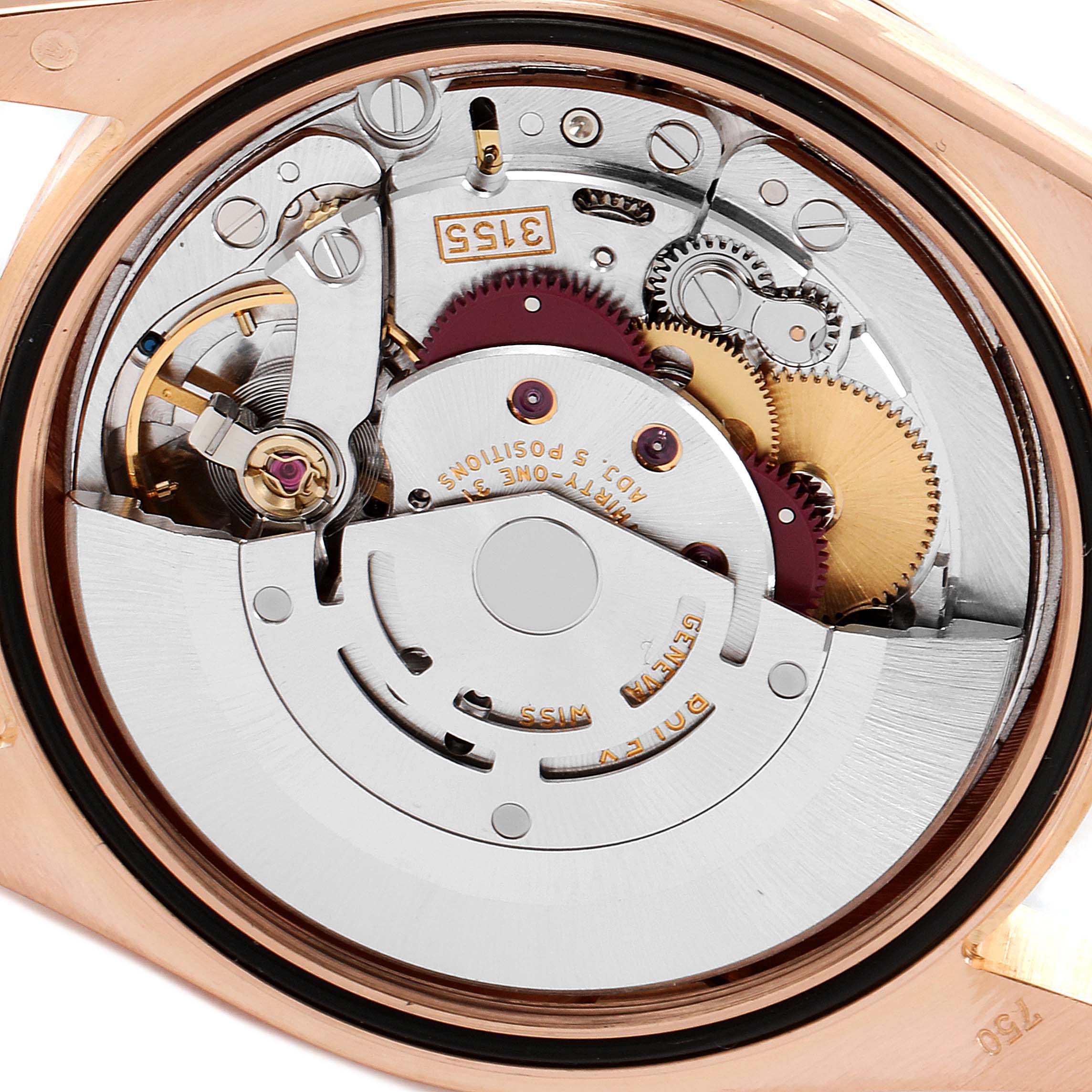 The image shows the movement mechanism of a Rolex President 118235 Men's Rose Gold Mother of Pearl Dial 118235 Men's Rose Gold Mother of Pearl Dial model watch from a back angle.