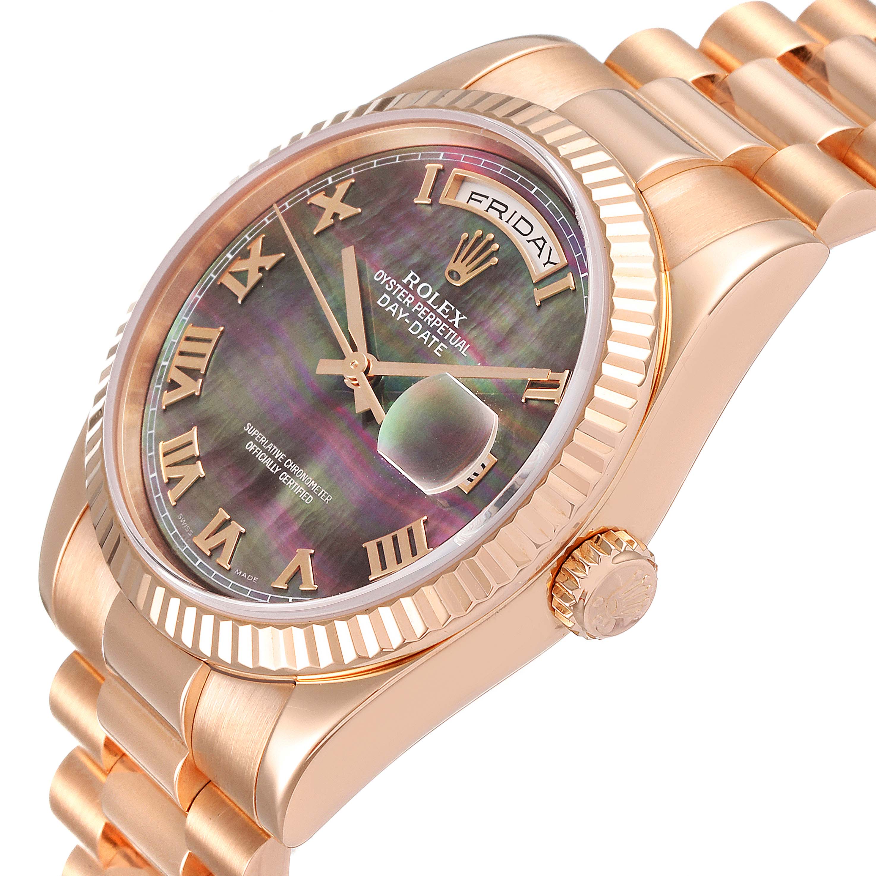 The image shows a side angle of a Rolex President 118235 Men's Rose Gold Mother of Pearl Dial 118235 Men's Rose Gold Mother of Pearl Dial model, highlighting its dial, bracelet, and crown.