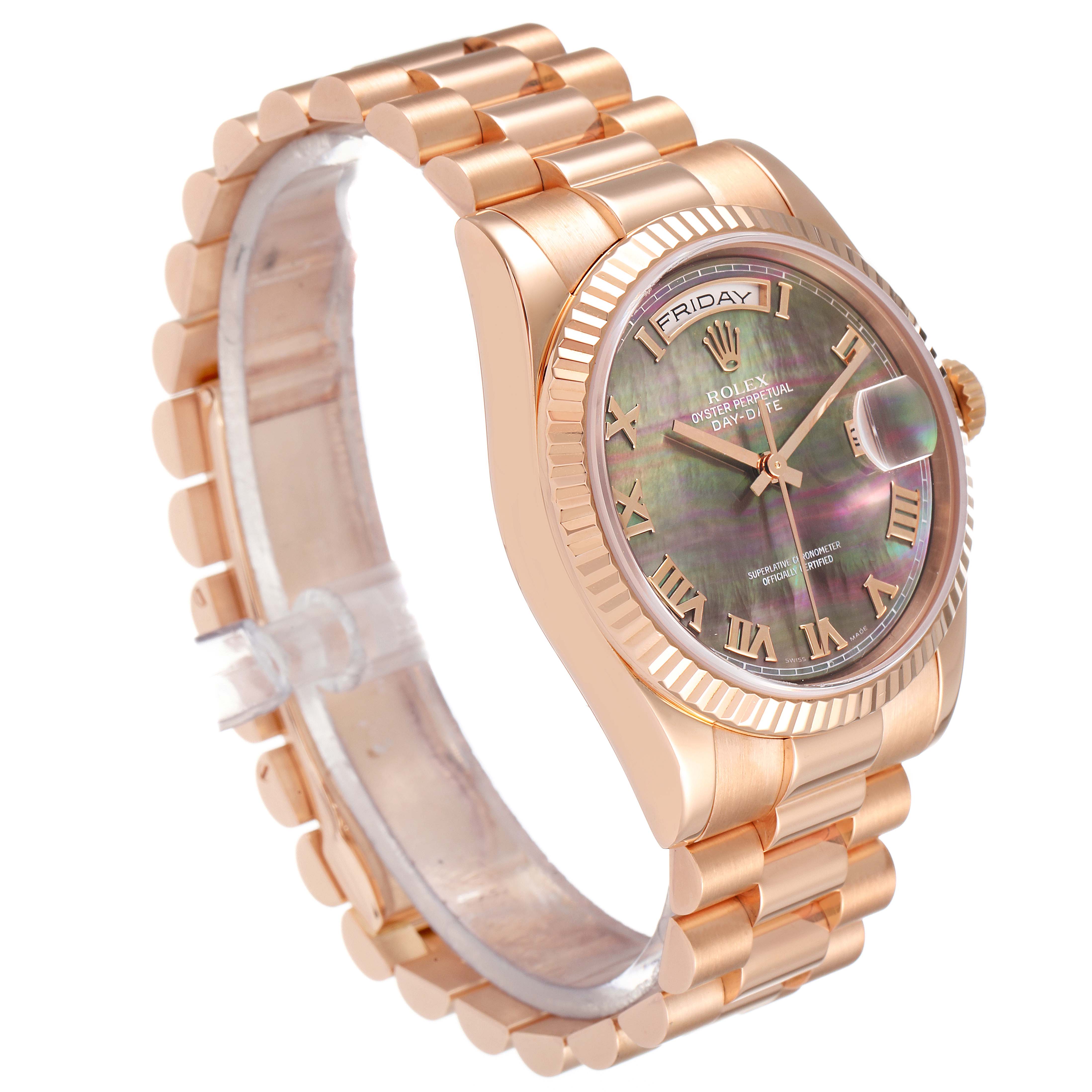 The image shows a side-angle view of a Rolex President 118235 Men's Rose Gold Mother of Pearl Dial 118235 Men's Rose Gold Mother of Pearl Dial model watch, highlighting its band, case, and dial with day and date indicators.