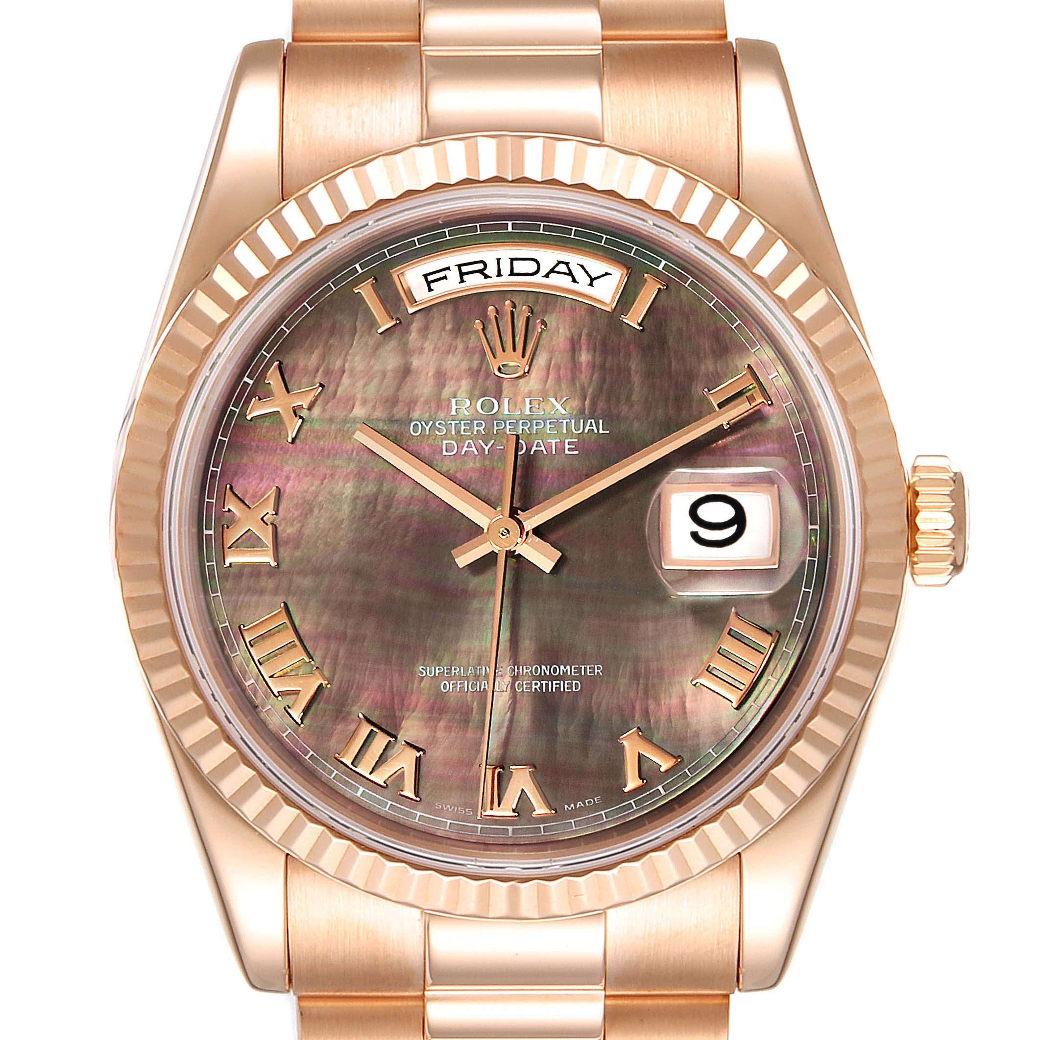 This is a front view of a Rolex President 118235 Men's Rose Gold Mother of Pearl Dial 118235 Men's Rose Gold Mother of Pearl Dial model watch, showing the dial, bezel, crown, and part of the band.