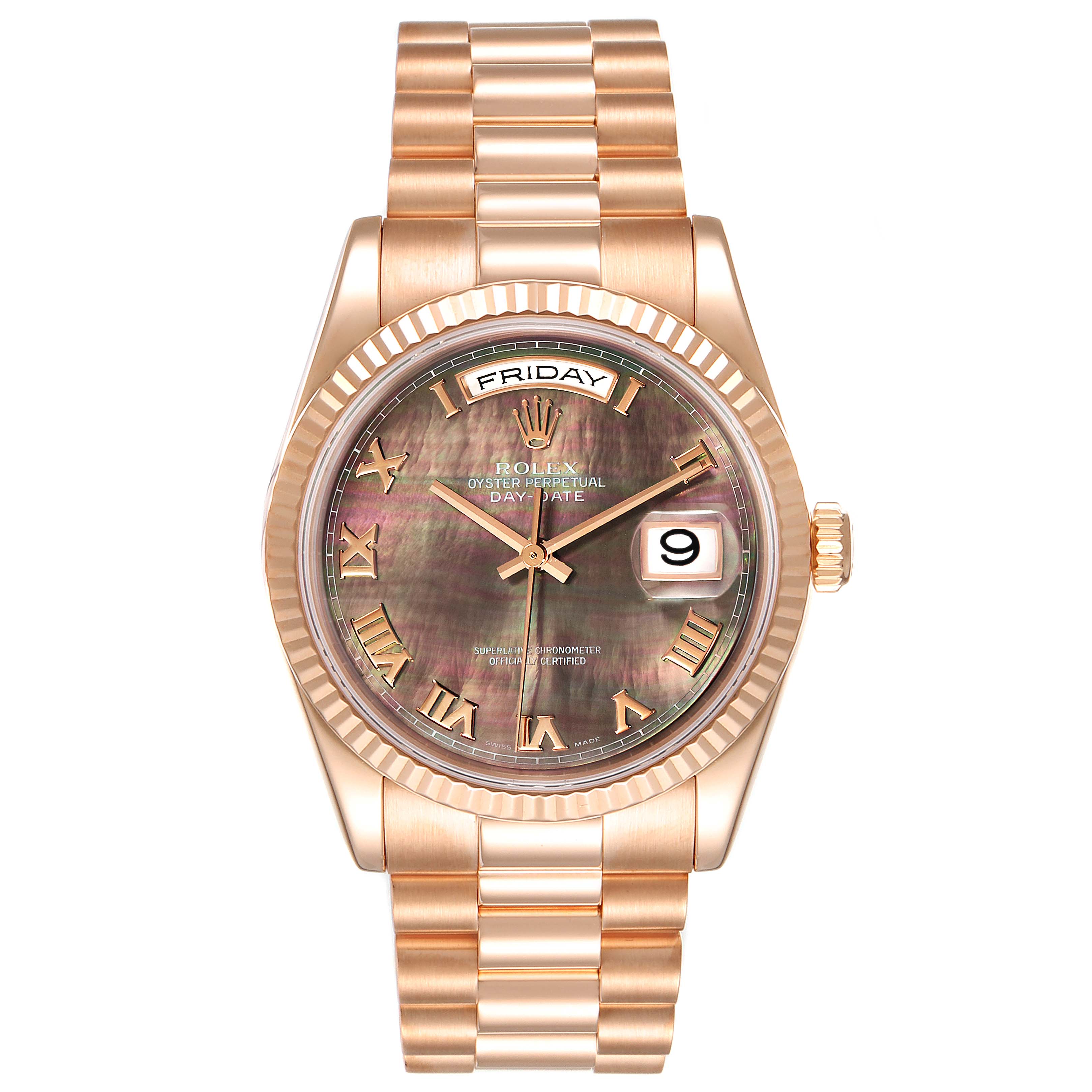 The Rolex President 118235 Men's Rose Gold Mother of Pearl Dial 118235 Men's Rose Gold Mother of Pearl Dial model watch is shown from a top-down angle displaying its face, bezel, bracelet, and crown.