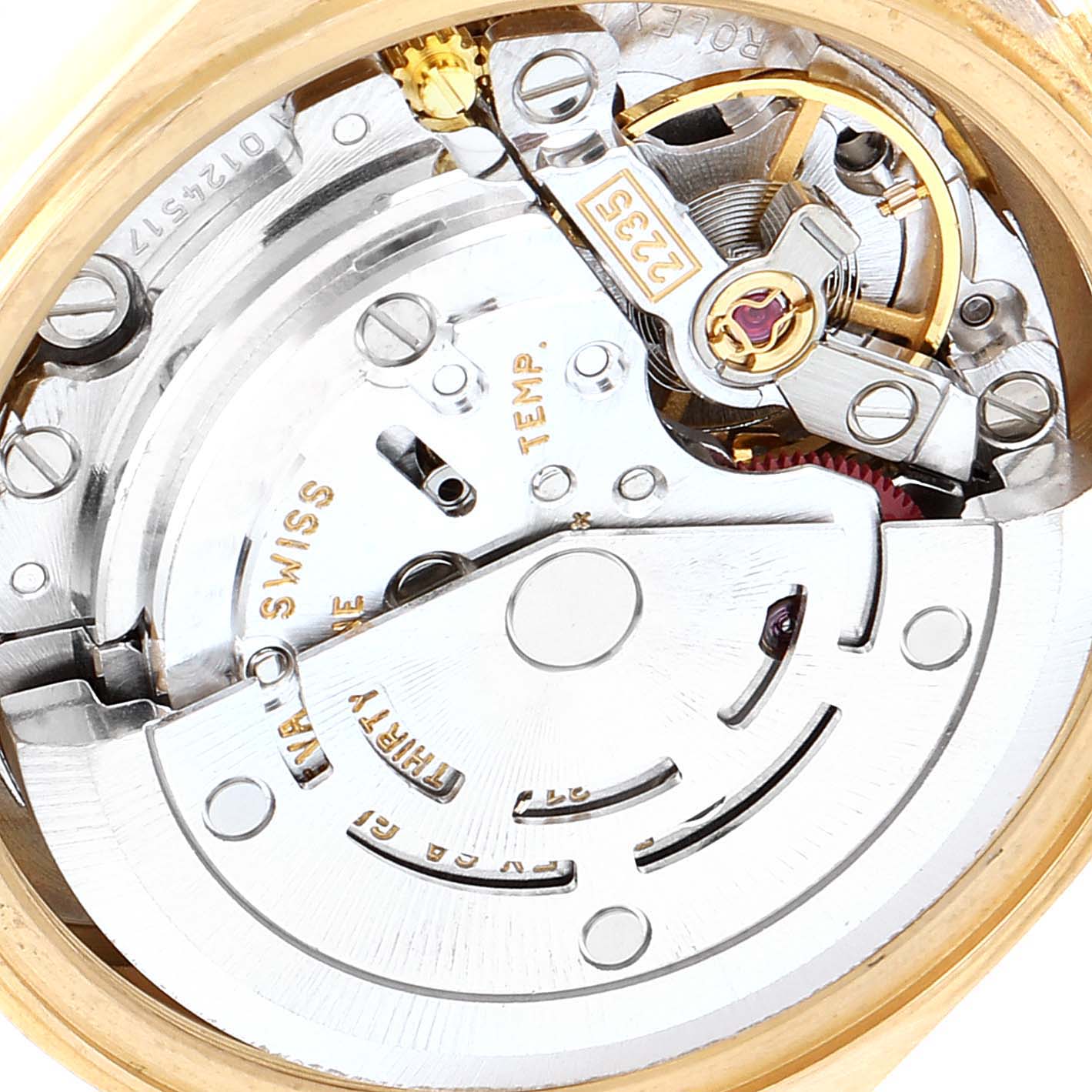 This image shows a close-up view of the internal mechanism of a Rolex President 79178 Women
s Yellow Gold Mother of Pearl Dial 79178 Women
s Yellow Gold Mother of Pearl Dial watch model.