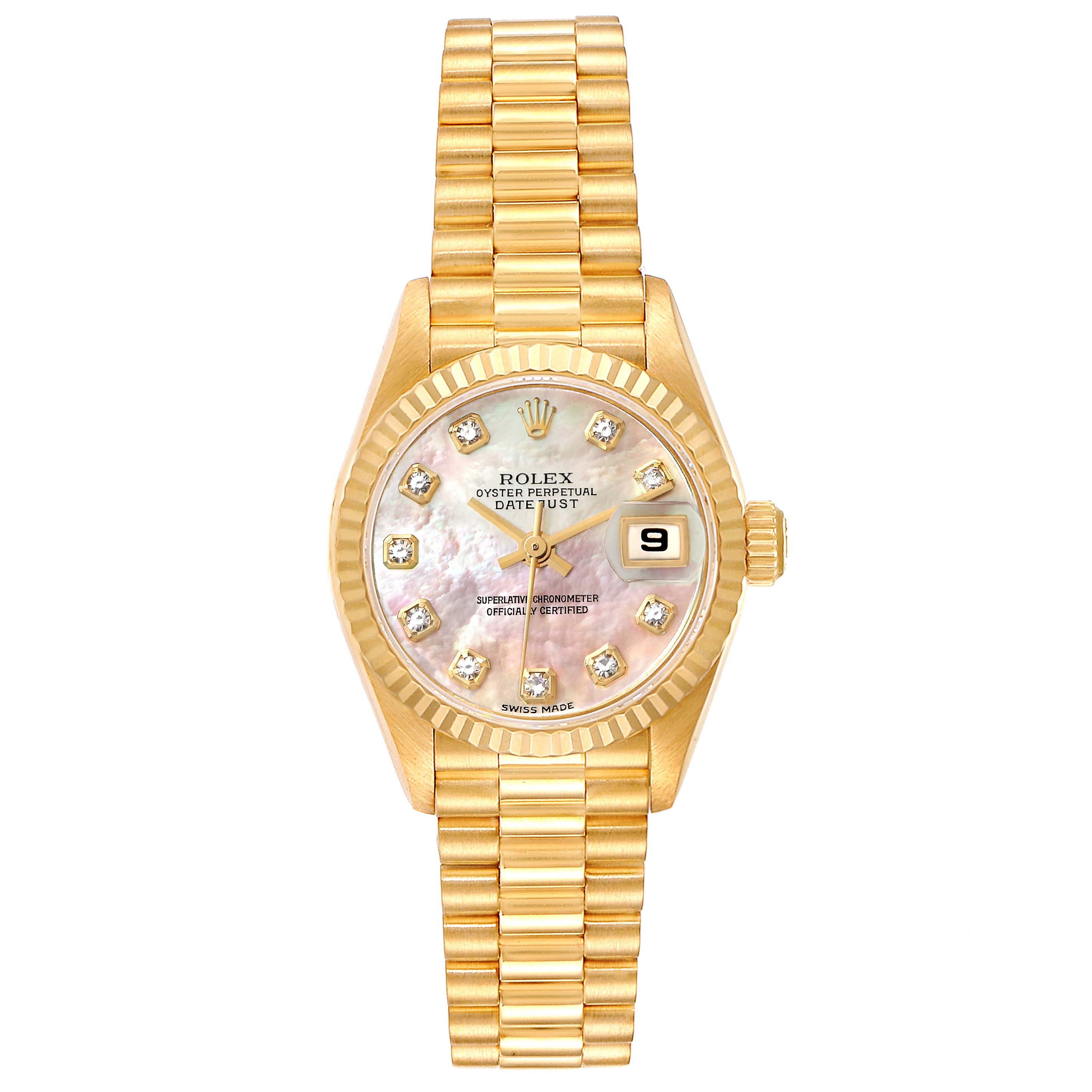 The Rolex President 79178 Women
s Yellow Gold Mother of Pearl Dial 79178 Women
s Yellow Gold Mother of Pearl Dial model watch is shown from a top-down angle, displaying the dial, hands, date window, and bracelet.