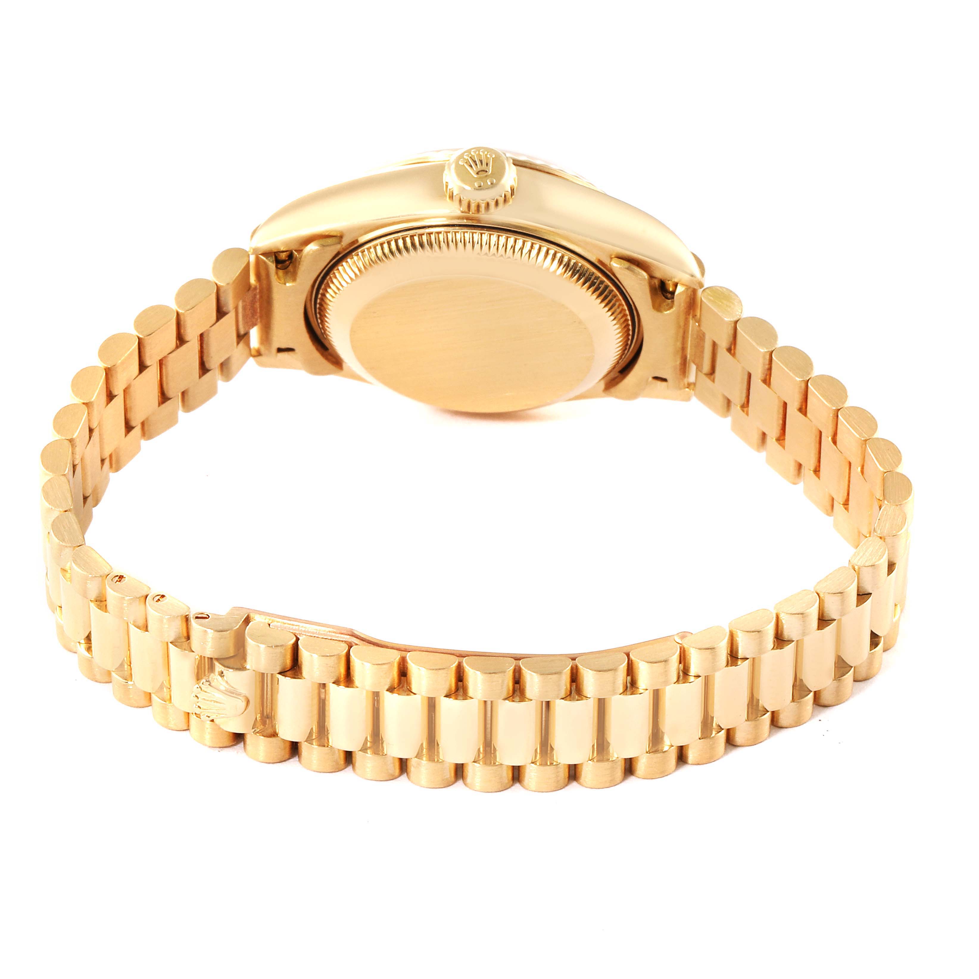 The image shows the back case and bracelet of a Rolex President 79178 Women
s Yellow Gold Mother of Pearl Dial 79178 Women
s Yellow Gold Mother of Pearl Dial model watch.