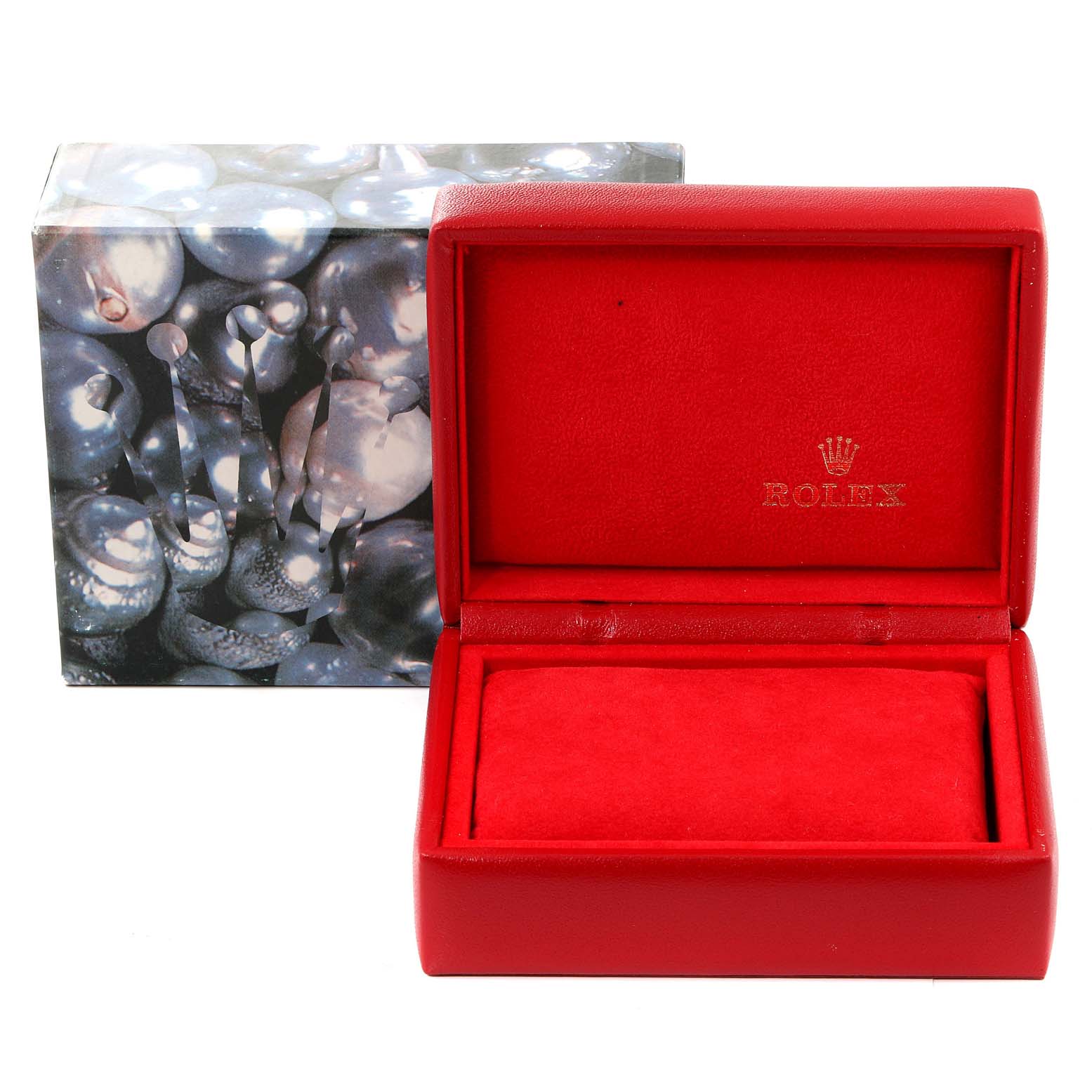 The image shows a red Rolex President 79178 Women
s Yellow Gold Mother of Pearl Dial 79178 Women
s Yellow Gold Mother of Pearl Dial watch box and an outer decorative box, presented at a front angle.