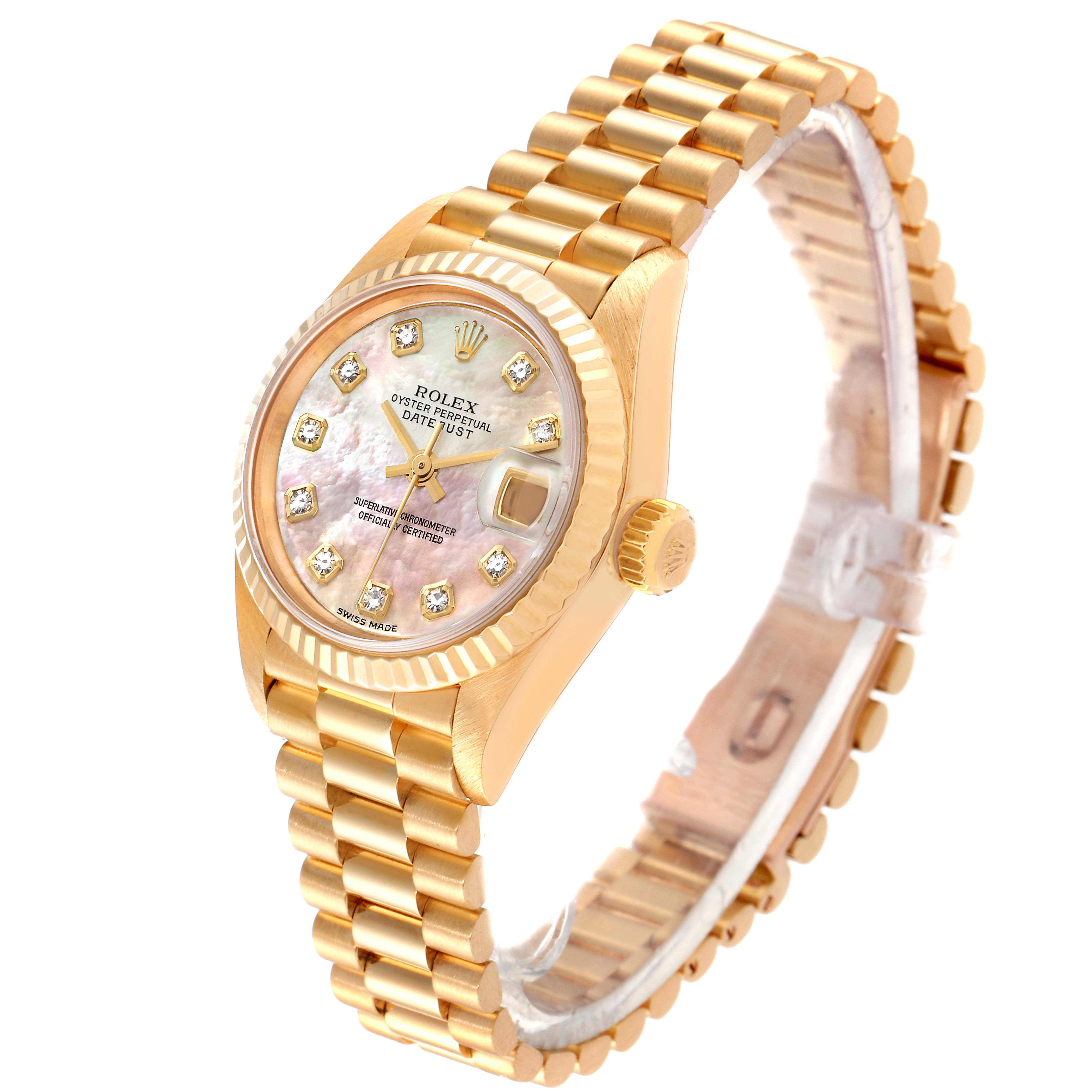 The image shows a side angle of a Rolex President 79178 Women
s Yellow Gold Mother of Pearl Dial 79178 Women
s Yellow Gold Mother of Pearl Dial model watch, featuring its golden bracelet and diamond-accented dial.