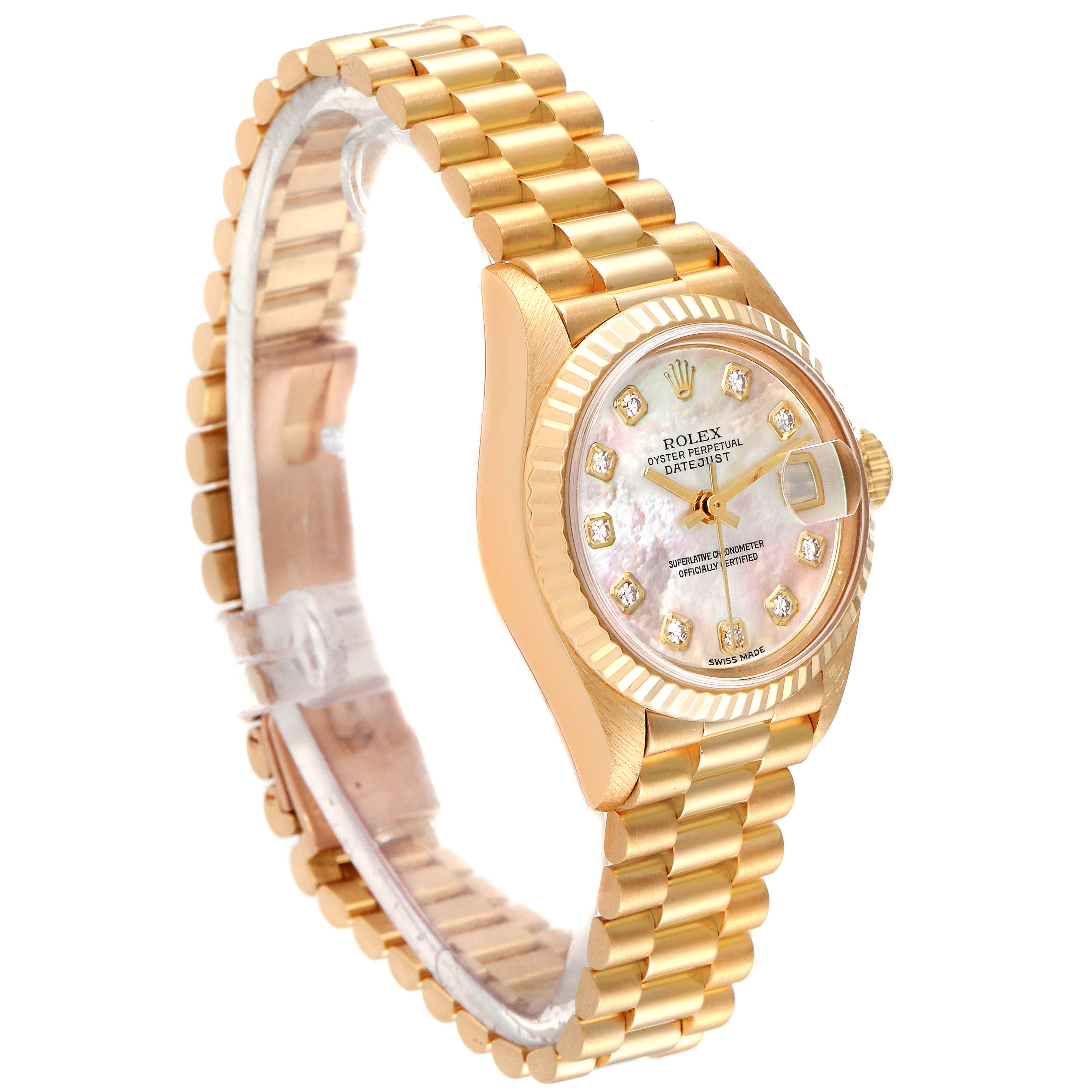 This image shows a side angle of a Rolex President 79178 Women
s Yellow Gold Mother of Pearl Dial 79178 Women
s Yellow Gold Mother of Pearl Dial model watch, highlighting the face, bezel, crown, and the bracelet.