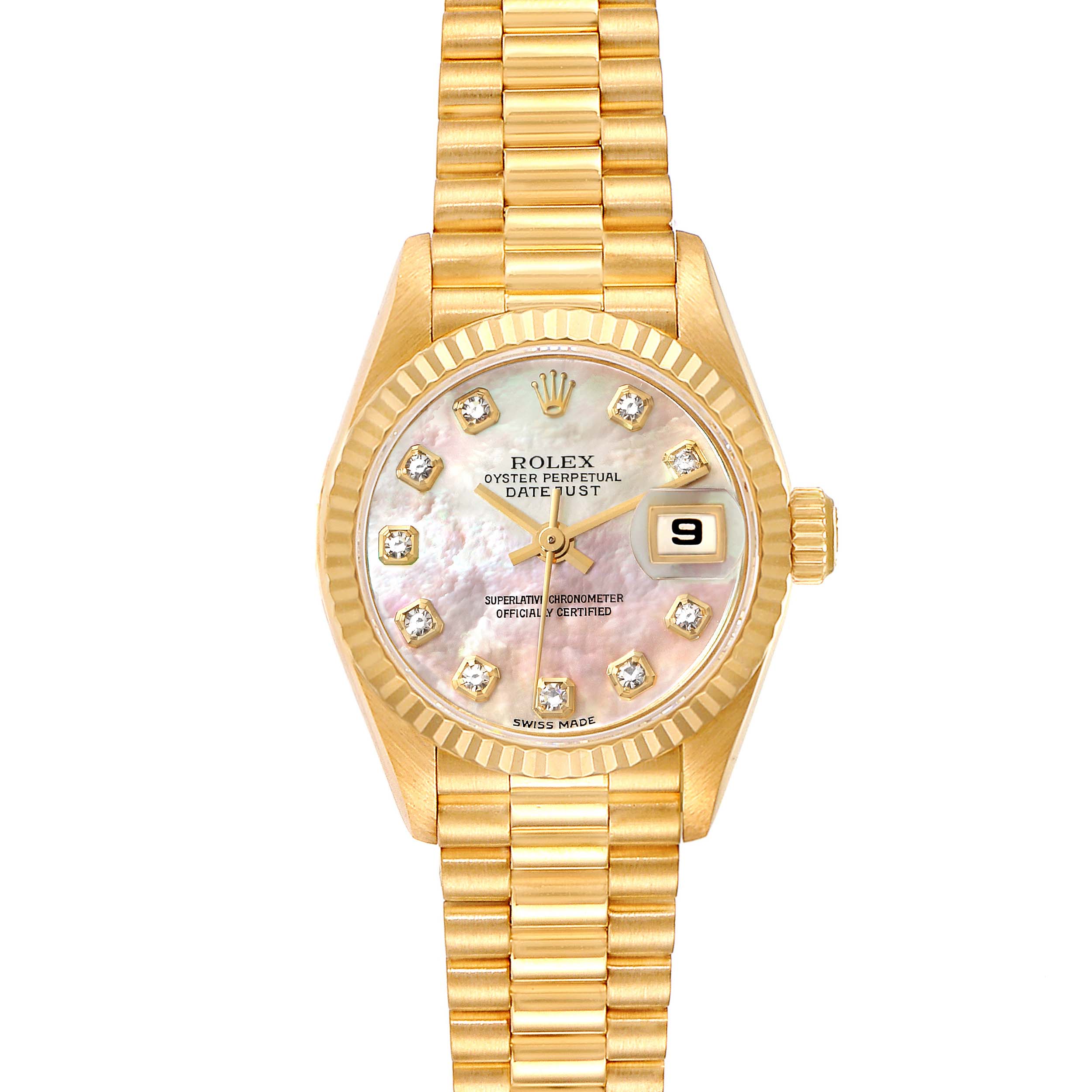 The image shows a Rolex President 79178 Women
s Yellow Gold Mother of Pearl Dial 79178 Women
s Yellow Gold Mother of Pearl Dial model watch with a gold band, fluted bezel, and a mother-of-pearl dial with diamond hour markers.