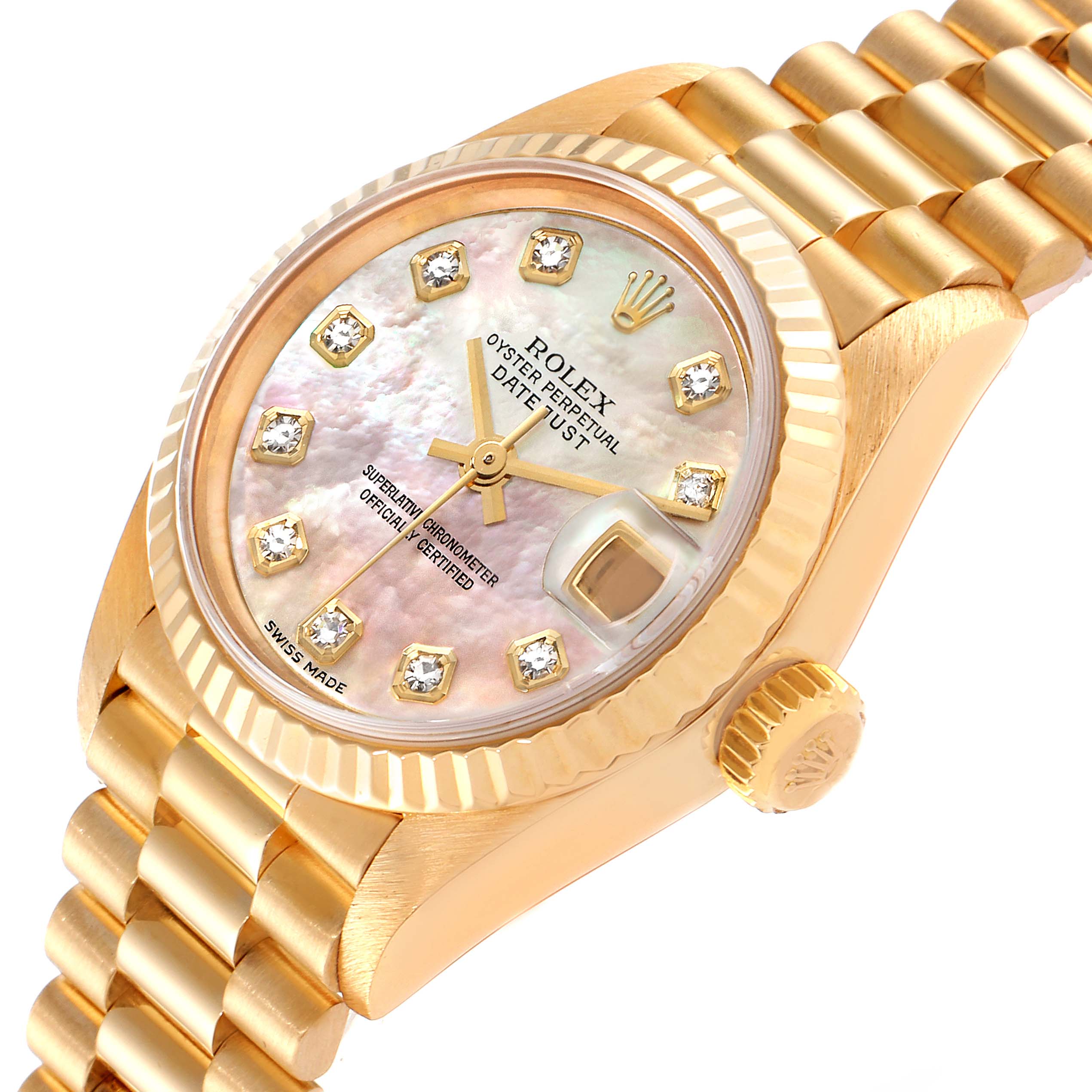 This image shows a Rolex President 79178 Women
s Yellow Gold Mother of Pearl Dial 79178 Women
s Yellow Gold Mother of Pearl Dial model watch from an angled perspective, highlighting the dial, bezel, crown, and band.