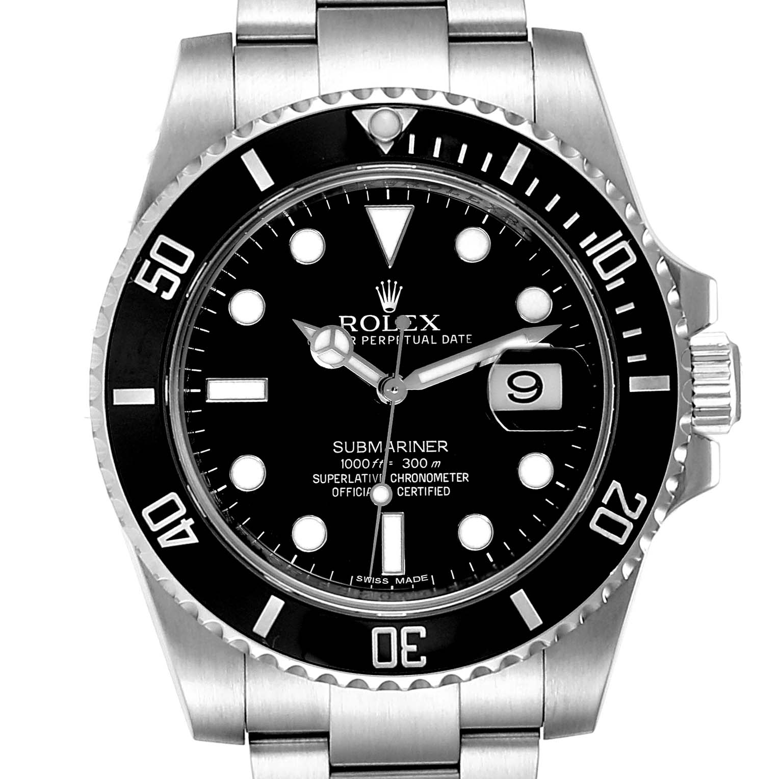 The image shows a frontal view of a Rolex Submariner 116610 Men
s Stainless Steel Black Dial 116610 Men
s Stainless Steel Black Dial watch, highlighting its bezel, dial, hands, and part of the bracelet.