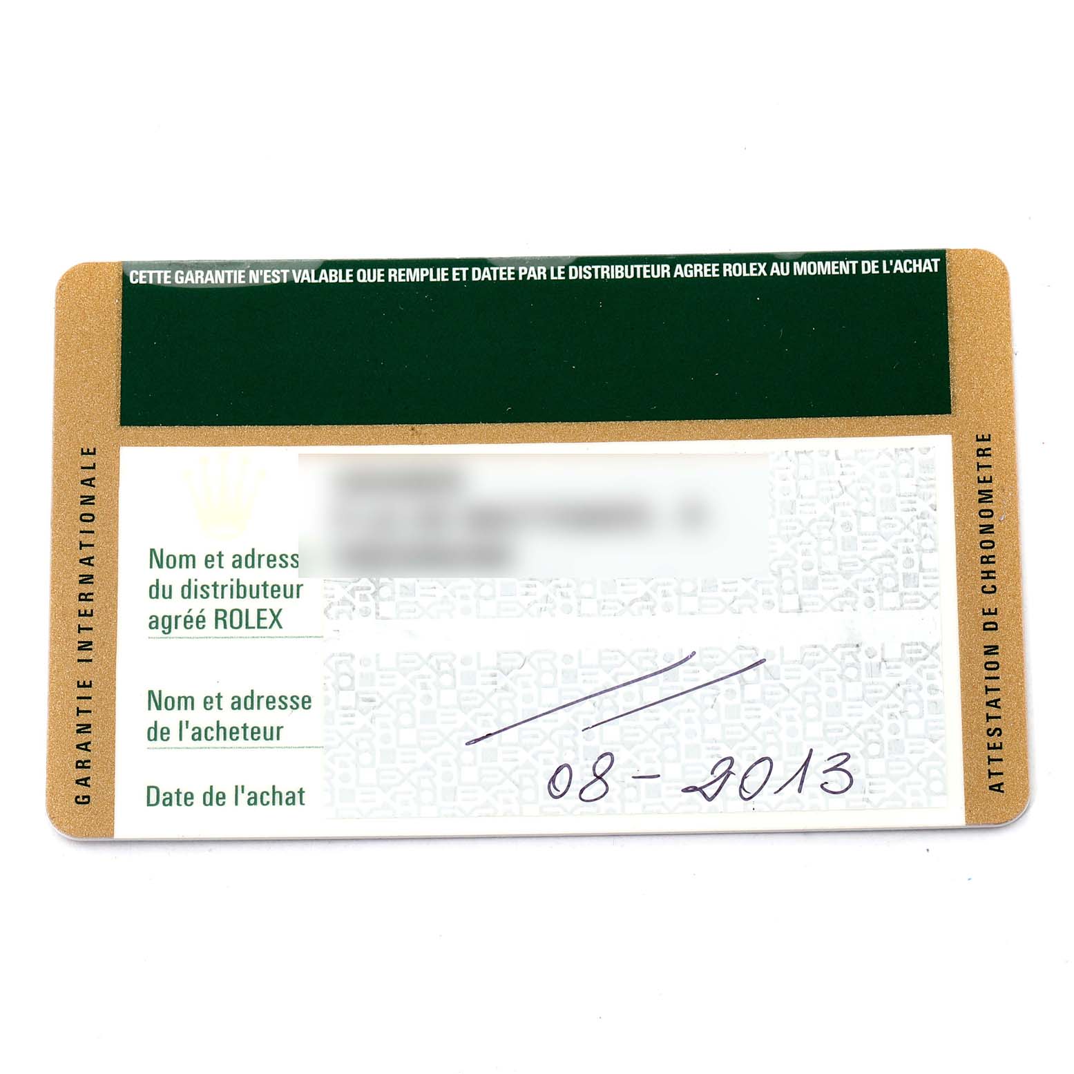 This image shows a warranty card for the Rolex Submariner 116610 Men
s Stainless Steel Black Dial 116610 Men
s Stainless Steel Black Dial, displaying dealer and purchaser information fields and the purchase date.