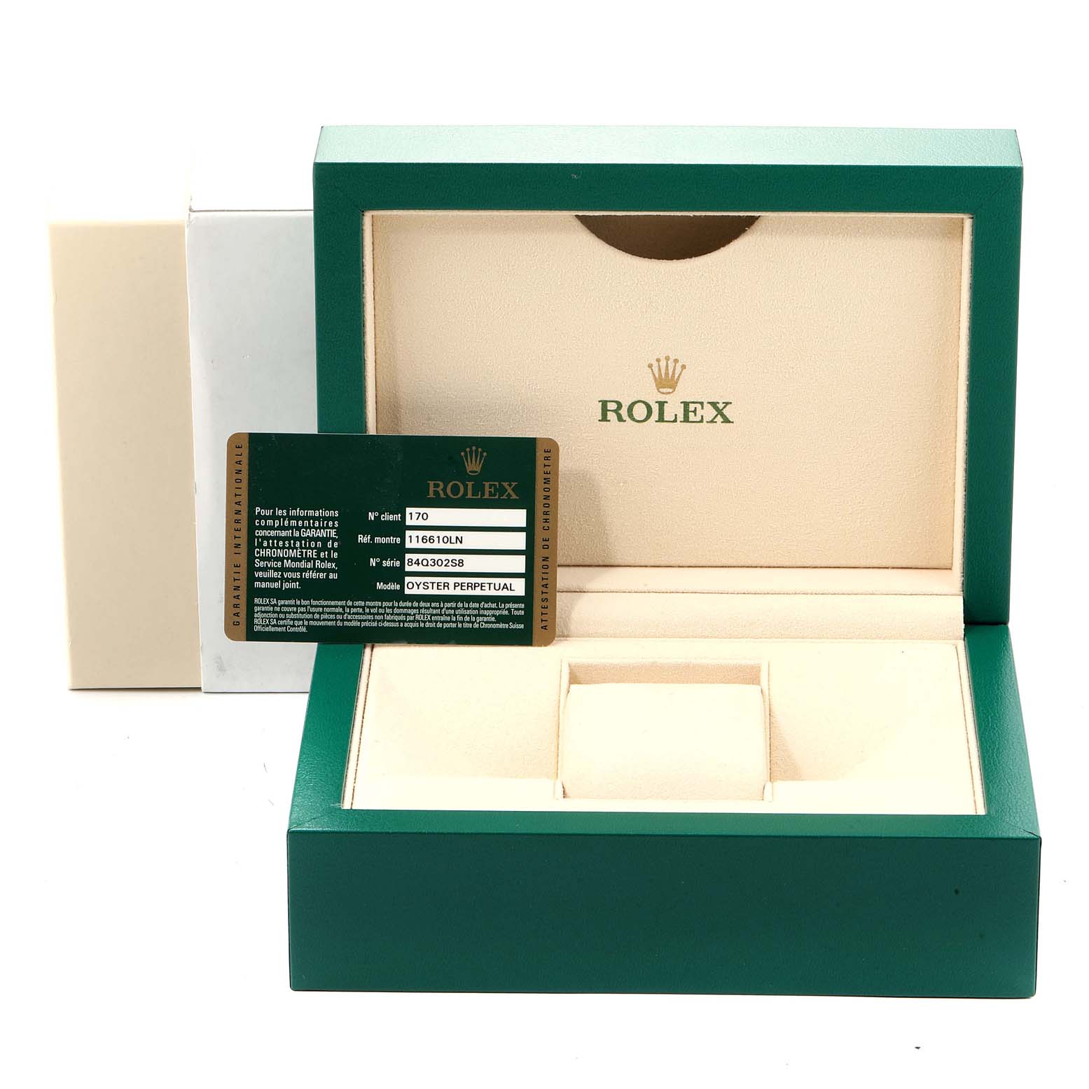 The image shows the empty Rolex Submariner 116610 Men
s Stainless Steel Black Dial 116610 Men
s Stainless Steel Black Dial watch box along with its warranty card.