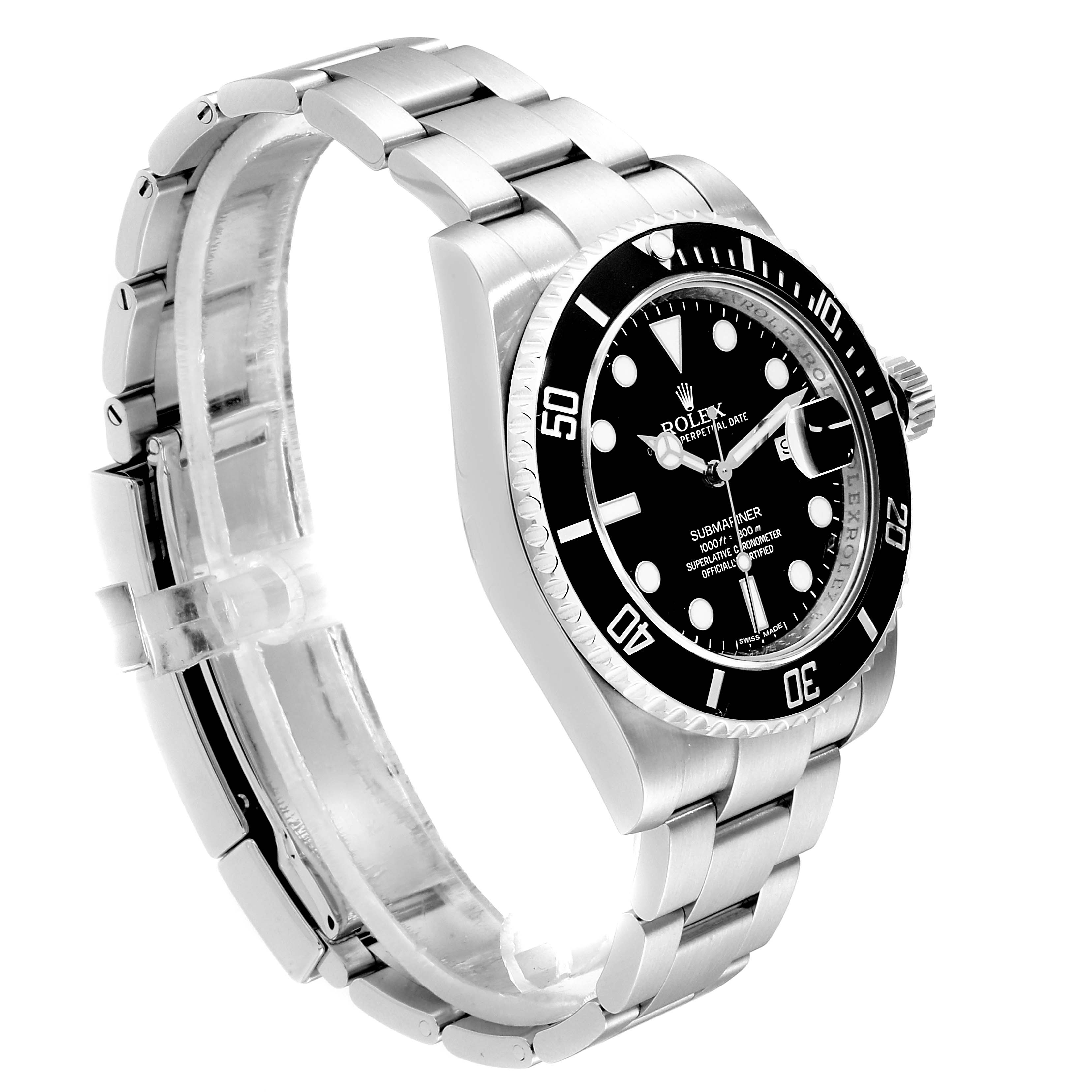 This image shows a side angle of the Rolex Submariner 116610 Men
s Stainless Steel Black Dial 116610 Men
s Stainless Steel Black Dial watch, highlighting the black dial, bezel, and stainless steel bracelet.