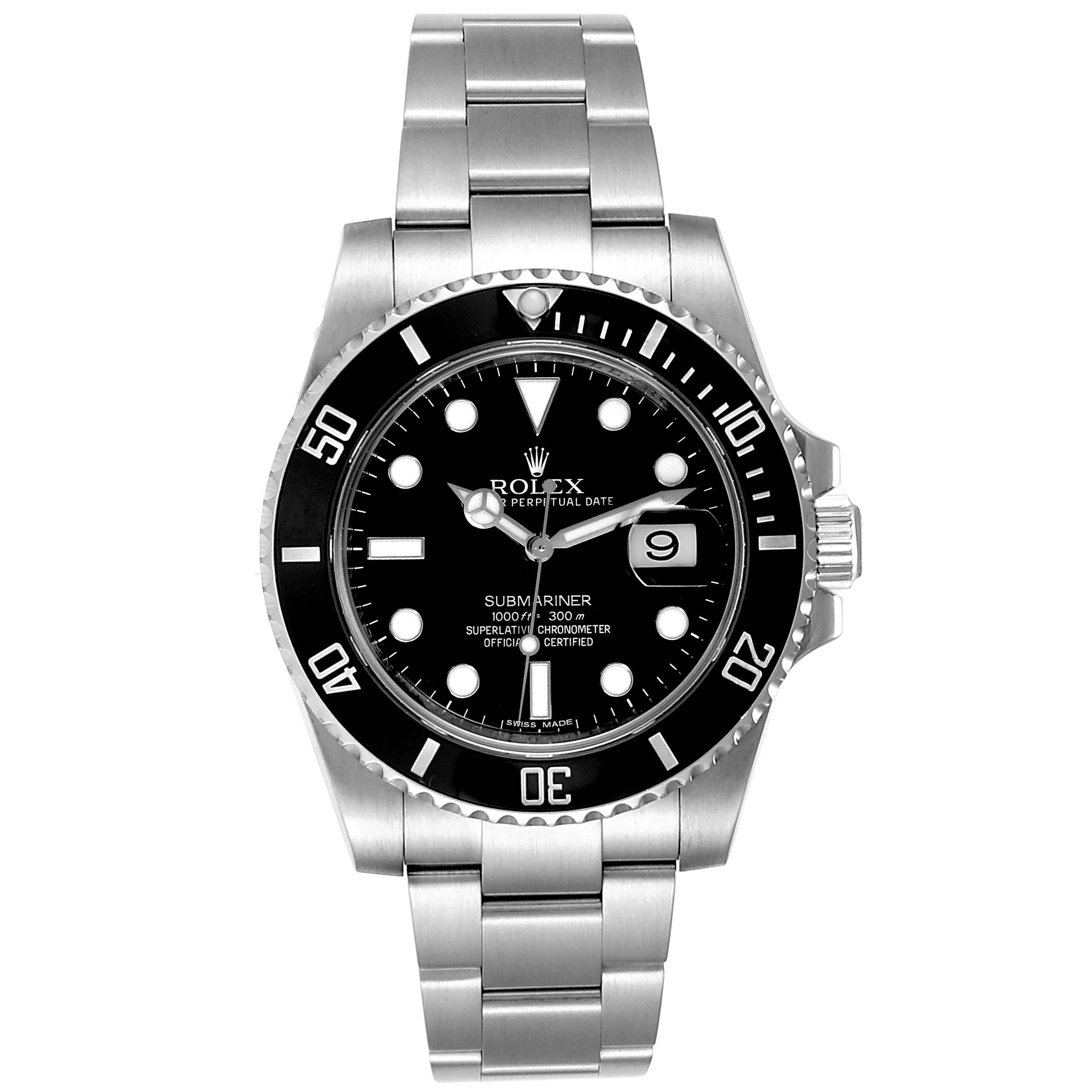 This image shows a front view of the Rolex Submariner 116610 Men
s Stainless Steel Black Dial 116610 Men
s Stainless Steel Black Dial watch, showcasing its dial, bezel, and bracelet.