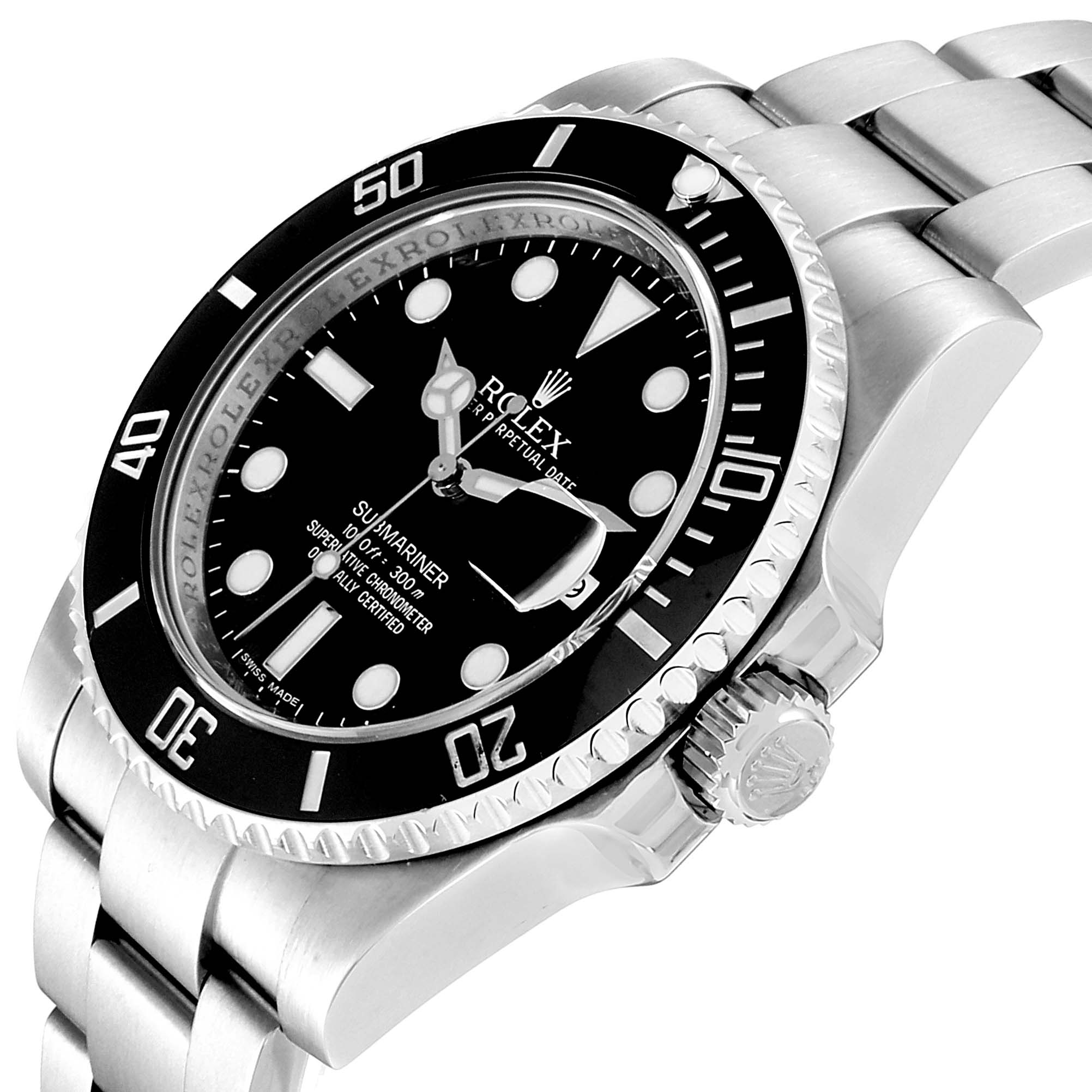 This image shows a Rolex Submariner 116610 Men
s Stainless Steel Black Dial 116610 Men
s Stainless Steel Black Dial watch at an angled view, highlighting the face, bezel, crown, and a portion of the bracelet.