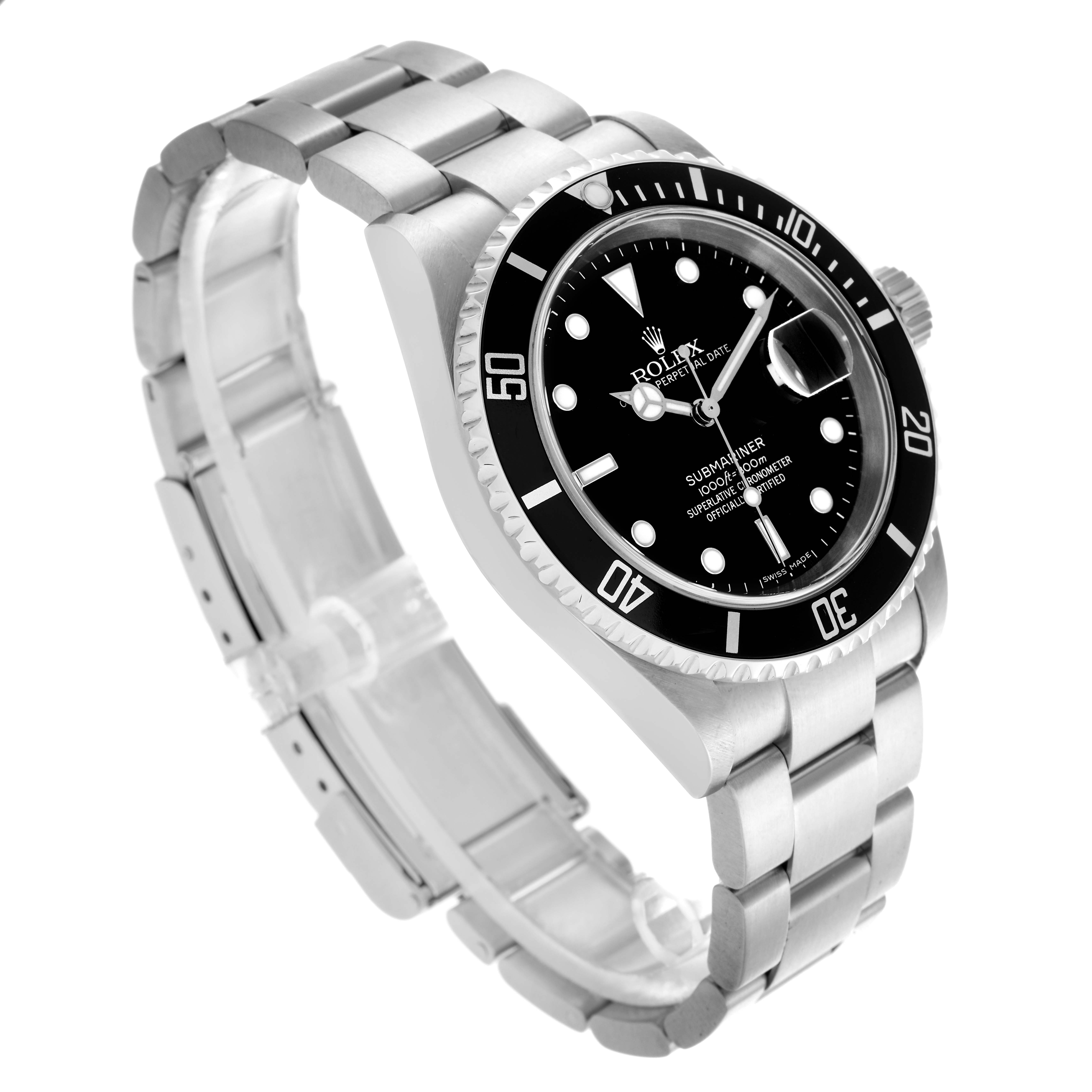 The Rolex Submariner 16610 Men
s Stainless Steel Black Dial 16610 Men
s Stainless Steel Black Dial is shown at a 3/4 angle, displaying the face, bezel, and bracelet.