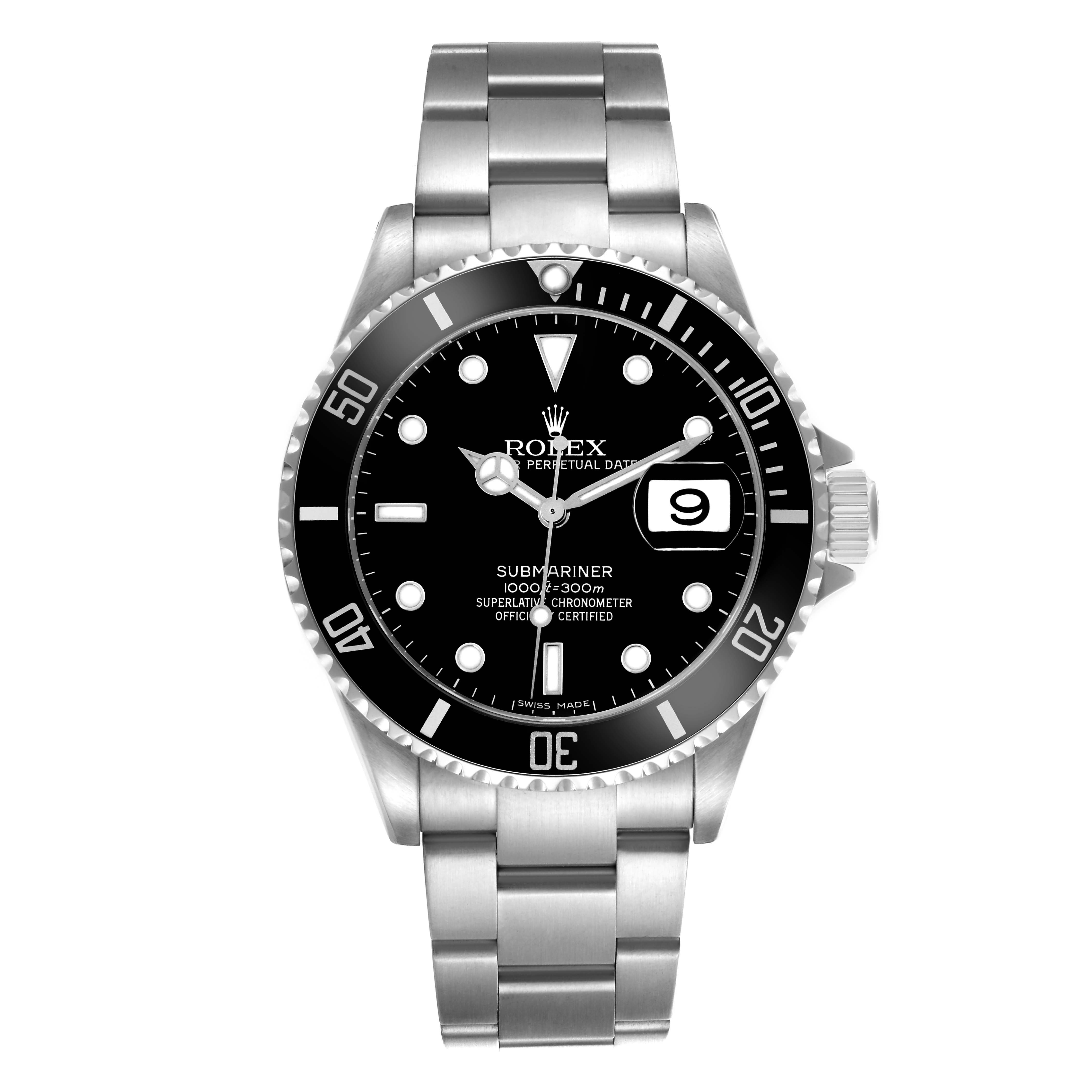 The Rolex Submariner 16610 Men
s Stainless Steel Black Dial 16610 Men
s Stainless Steel Black Dial is shown from a top view, highlighting the face, bezel, crown, and bracelet.
