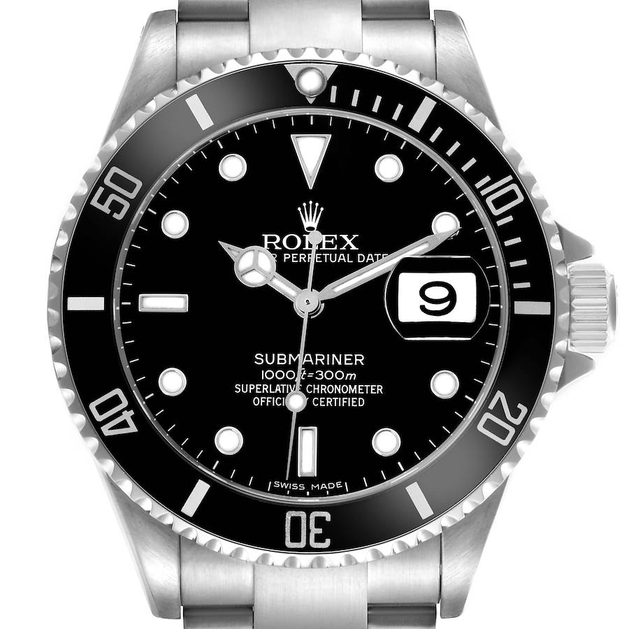 The Rolex Submariner is shown from the front, displaying the dial, bezel, hands, and partial bracelet.