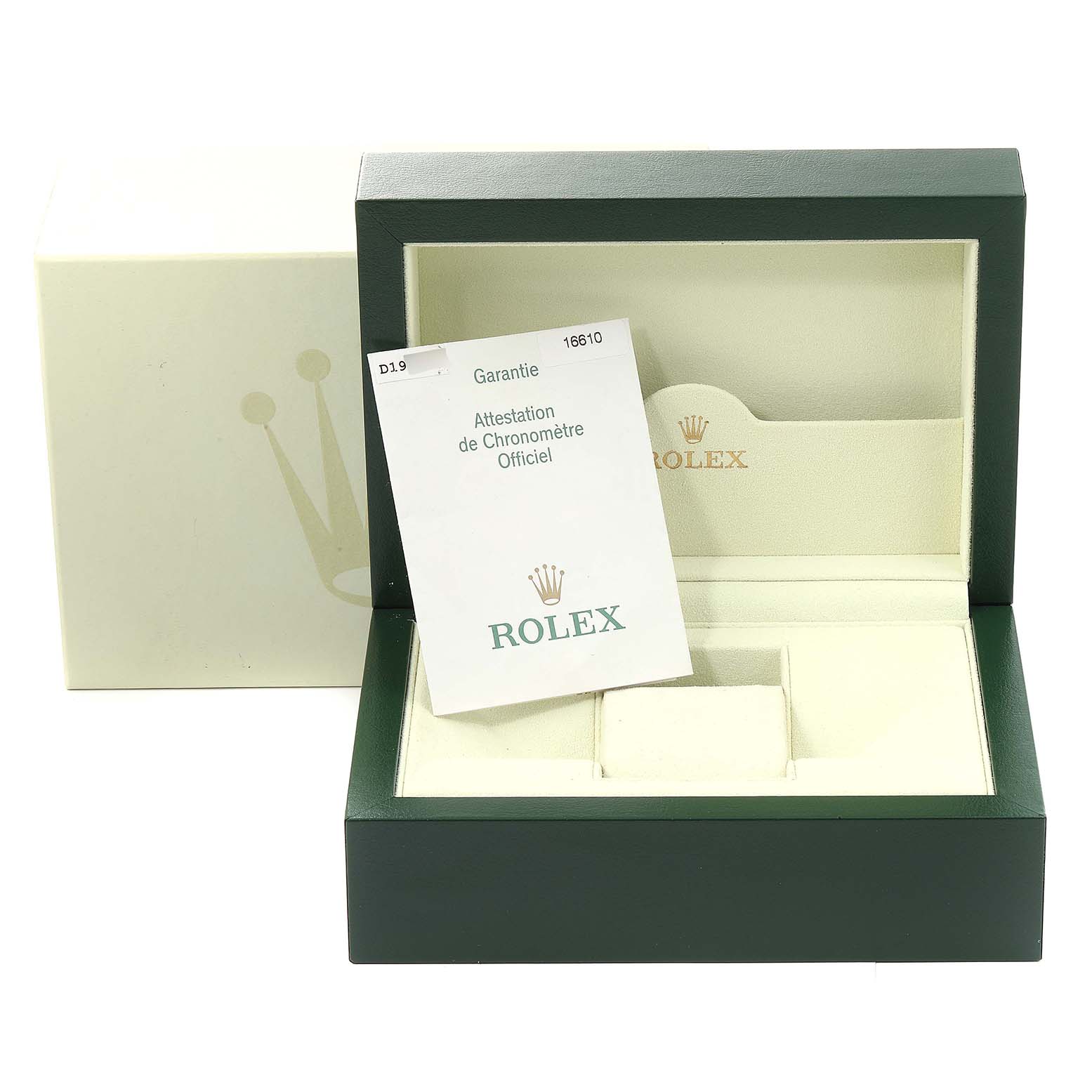 The image shows the open presentation box for a Rolex Submariner 16610LV Men
s Stainless Steel Black Dial 16610LV Men
s Stainless Steel Black Dial and the warranty card.