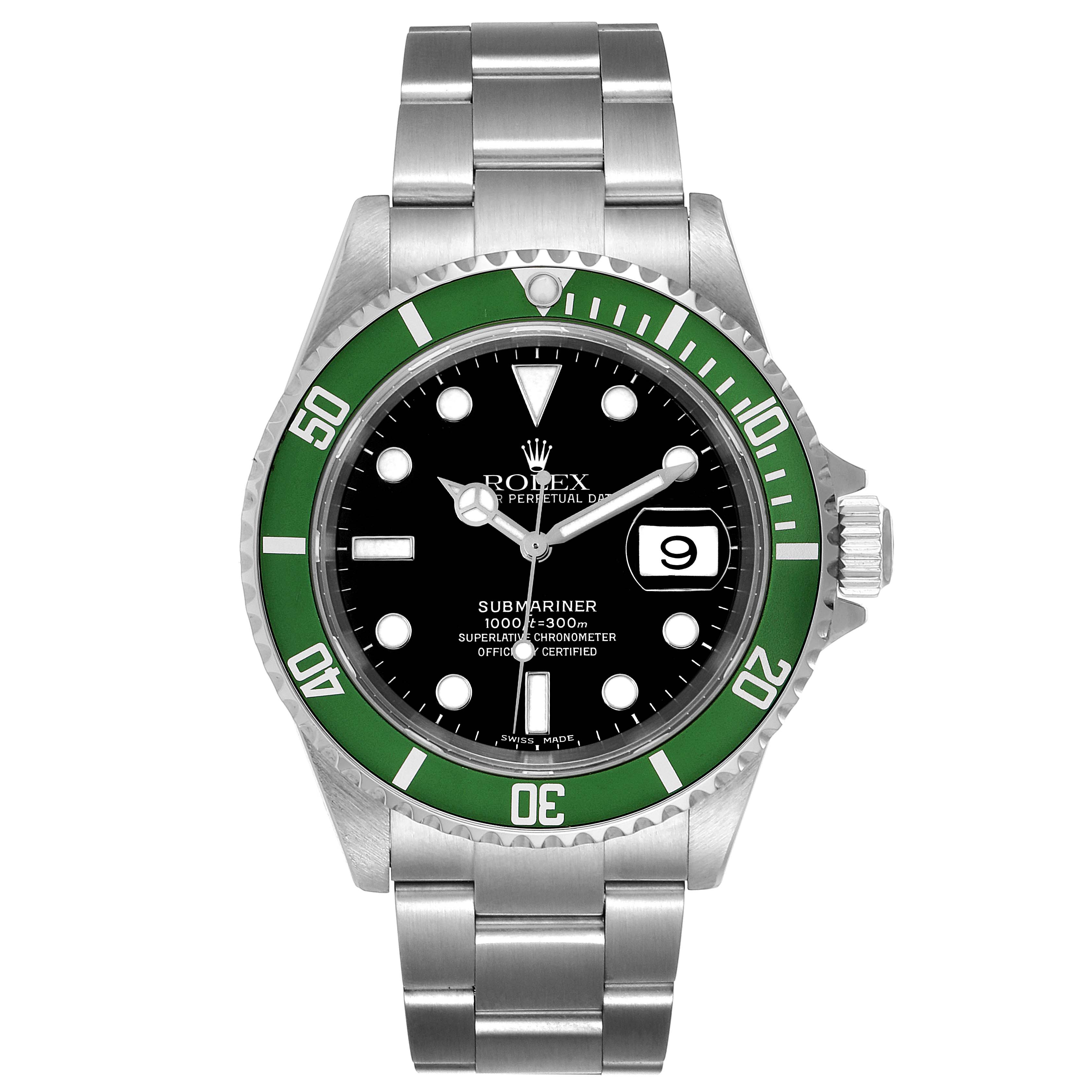 The image shows a front view of a Rolex Submariner 16610LV Men
s Stainless Steel Black Dial 16610LV Men
s Stainless Steel Black Dial watch, displaying its green bezel, black dial, and metal bracelet.