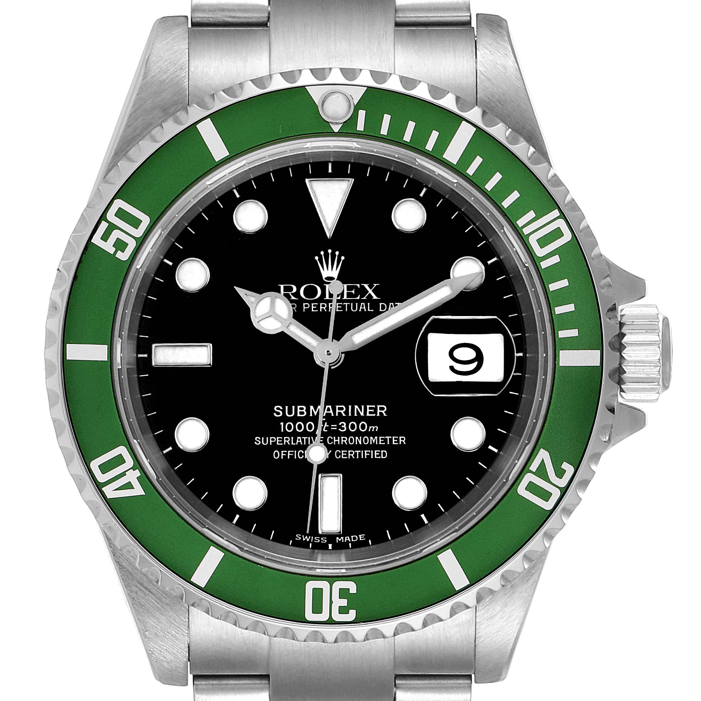The image shows a frontal view of a Rolex Submariner 16610LV Men
s Stainless Steel Black Dial 16610LV Men
s Stainless Steel Black Dial watch featuring a green bezel, black dial, and date window.