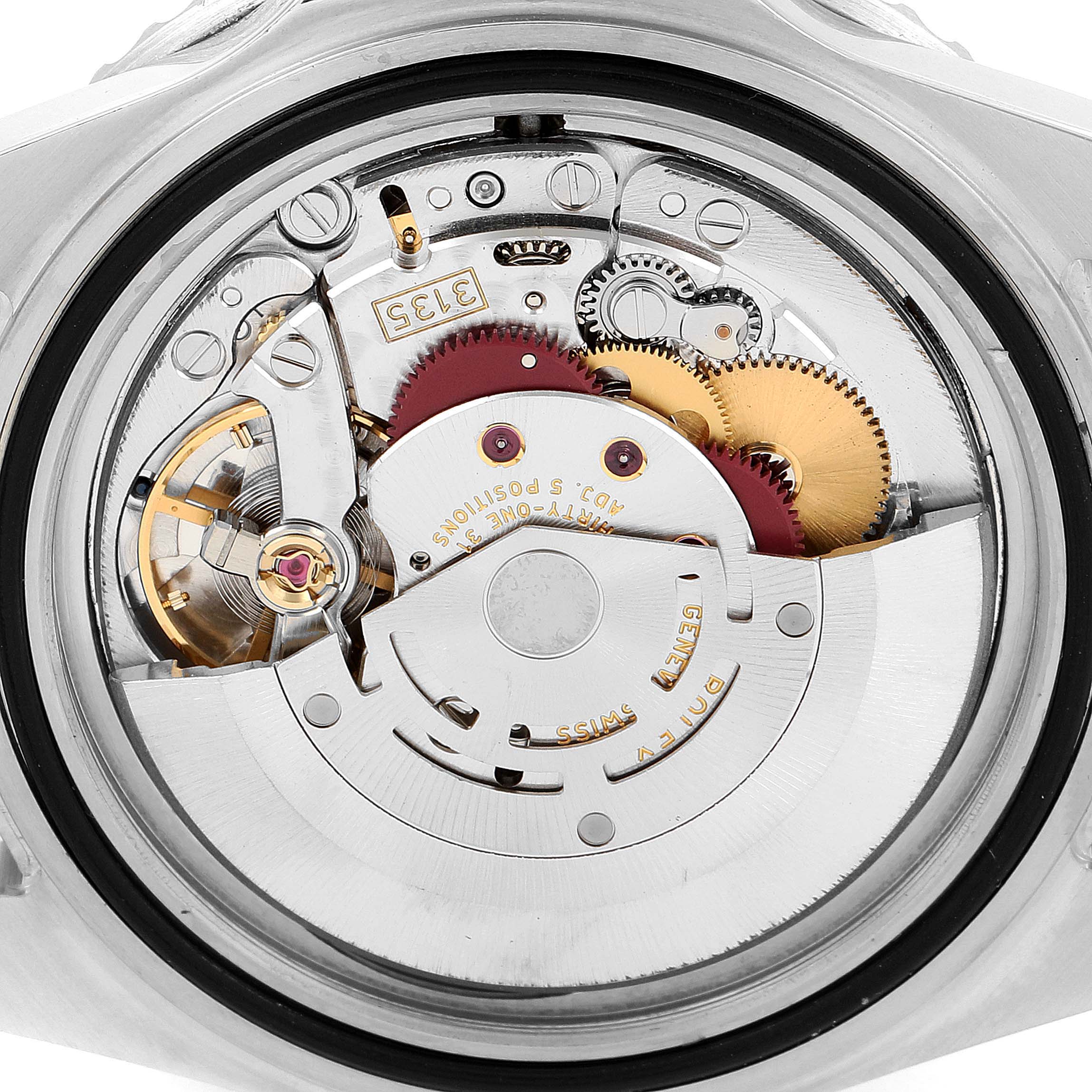 This image shows the mechanical movement of a Rolex Submariner 16610LV Men
s Stainless Steel Black Dial 16610LV Men
s Stainless Steel Black Dial watch, viewed from the back with the case back removed.