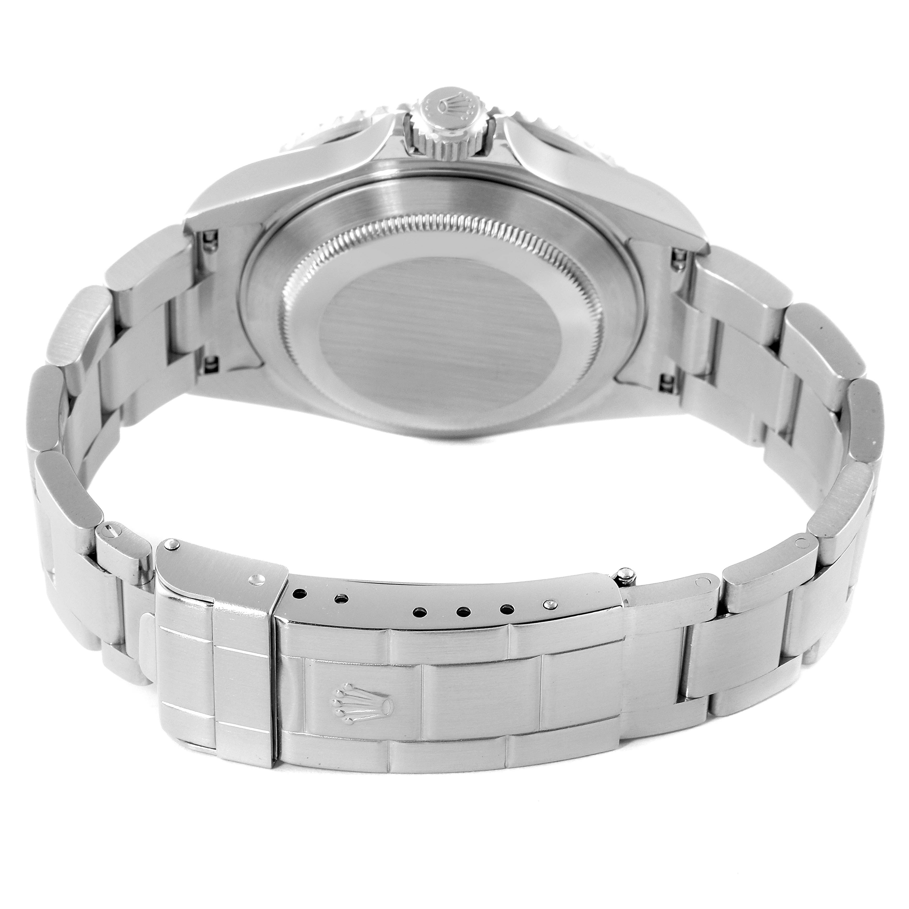 The image shows the back case and bracelet clasp of a Rolex Submariner 16610LV Men
s Stainless Steel Black Dial 16610LV Men
s Stainless Steel Black Dial watch.