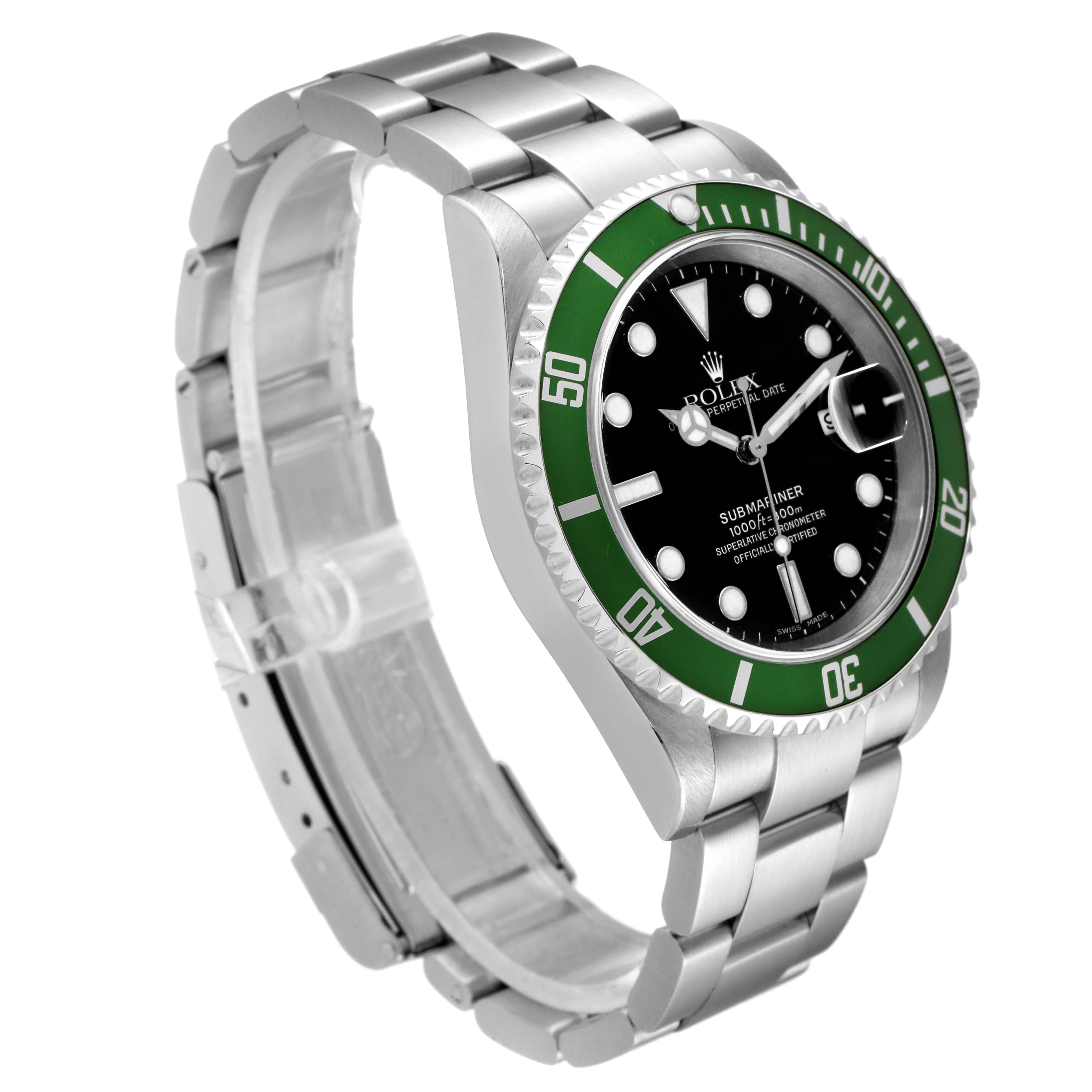 The image shows a Rolex Submariner 16610LV Men
s Stainless Steel Black Dial 16610LV Men
s Stainless Steel Black Dial watch at an angle that highlights its green bezel, black dial, and stainless steel bracelet.