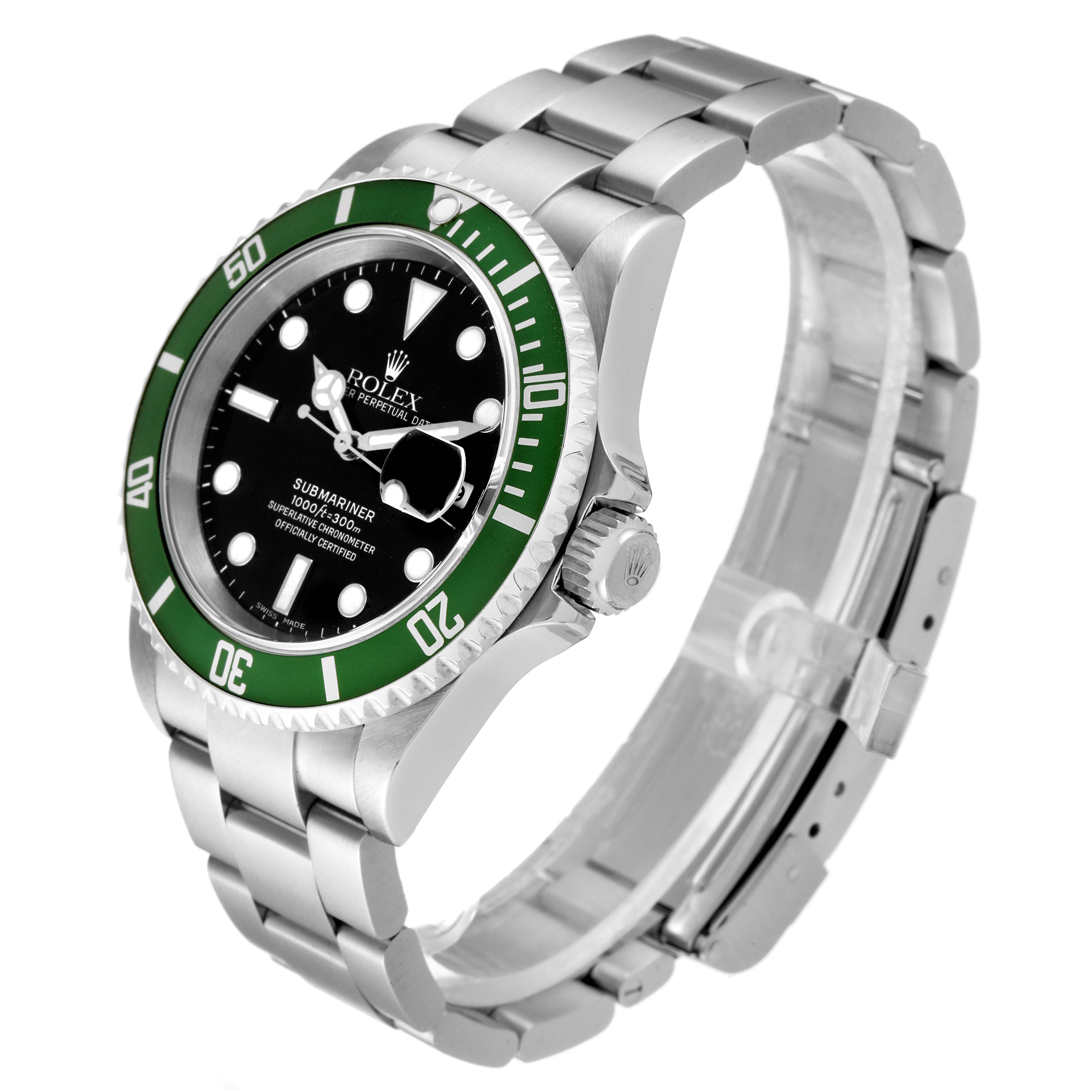 The image shows a side angle view of a Rolex Submariner 16610LV Men
s Stainless Steel Black Dial 16610LV Men
s Stainless Steel Black Dial watch, highlighting the face, bezel, and bracelet.
