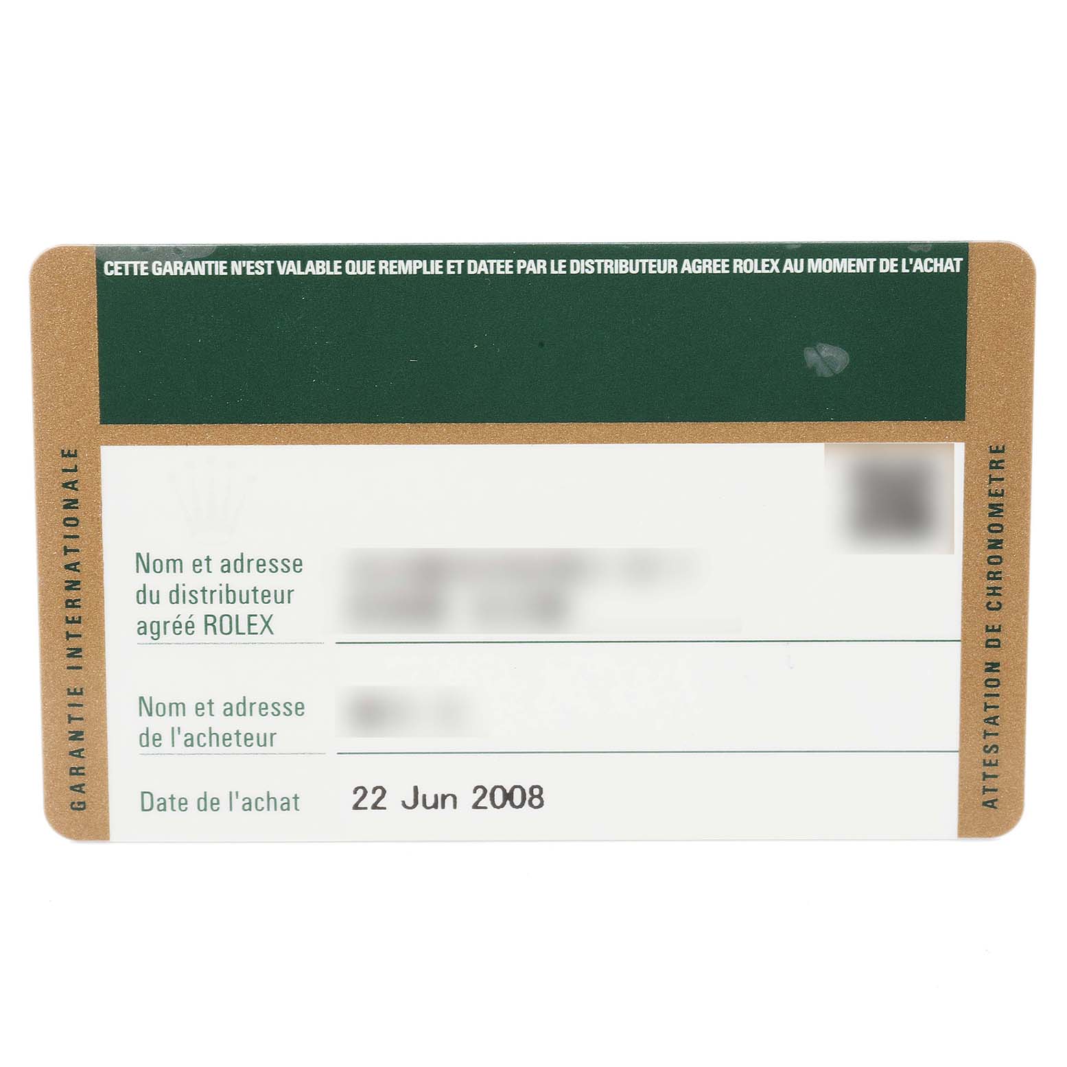 Image shows an international guarantee card for the Rolex Turn-o-Graph 116264 Men's Stainless Steel White Dial 116264 Men's Stainless Steel White Dial model, detailing purchase date and distributor information.